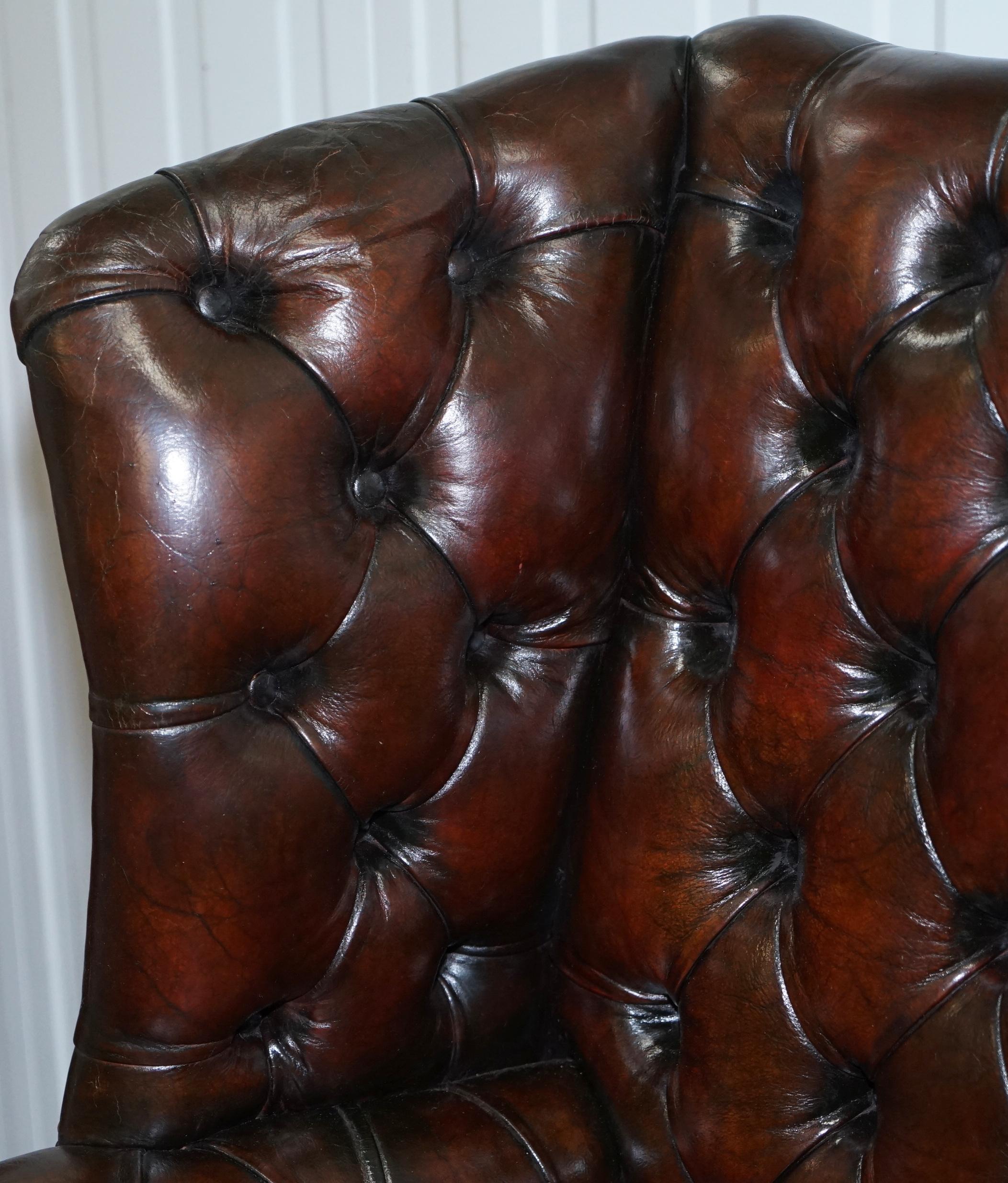 Stunning Cigar Brown Leather Chesterfield Wingback Armchair Chippendale Cushion 1