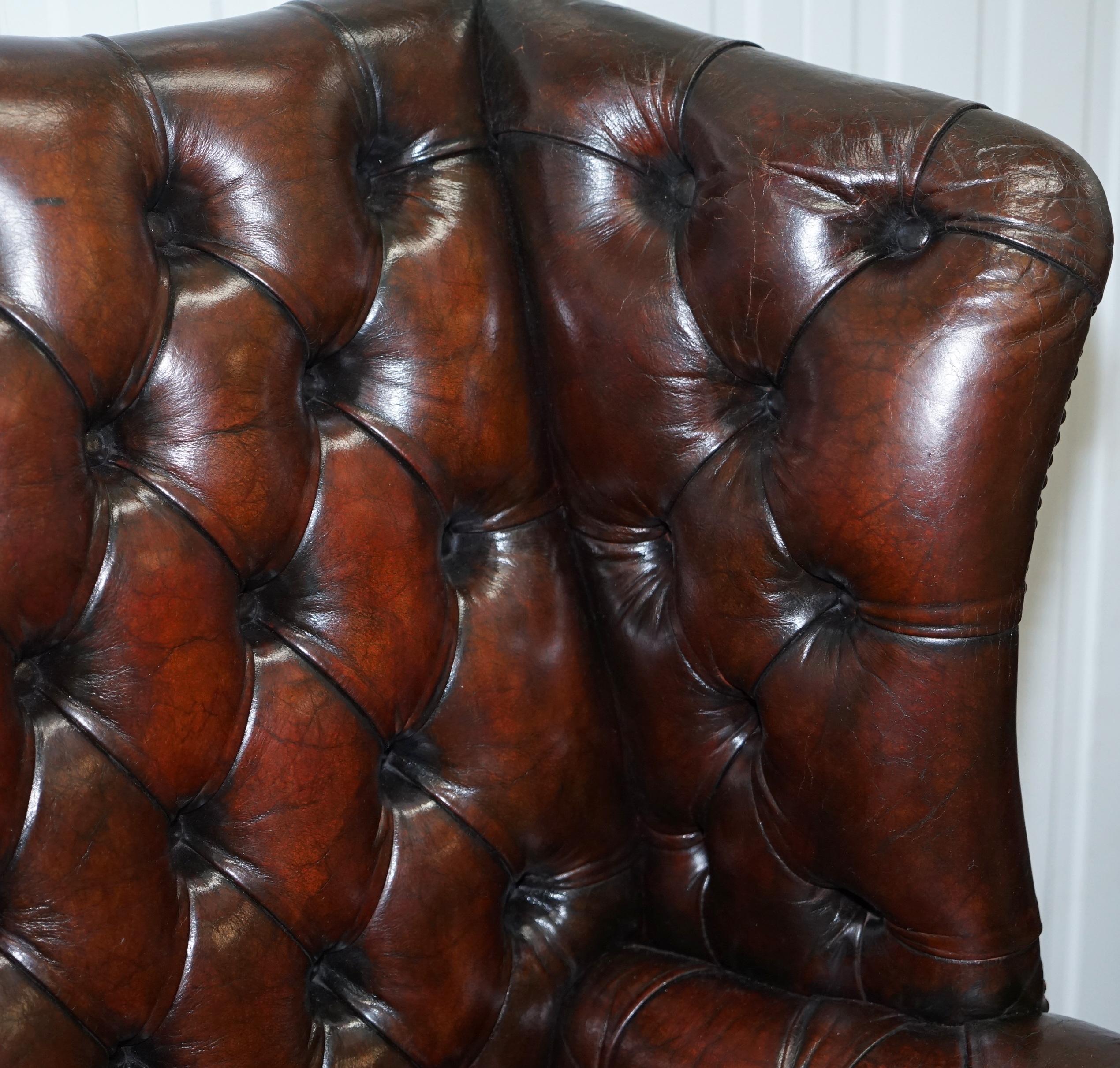 Stunning Cigar Brown Leather Chesterfield Wingback Armchair Chippendale Cushion 2
