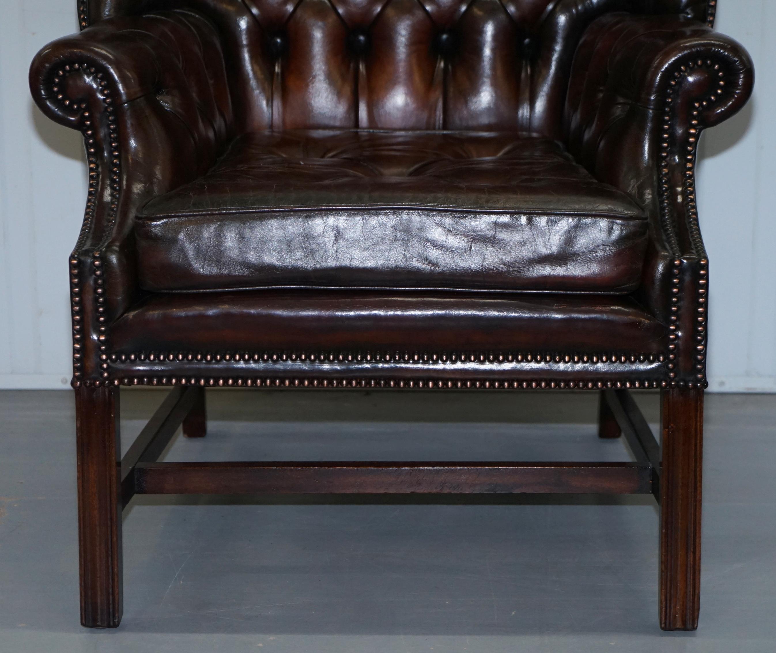 Stunning Cigar Brown Leather Chesterfield Wingback Armchair Chippendale Cushion 3