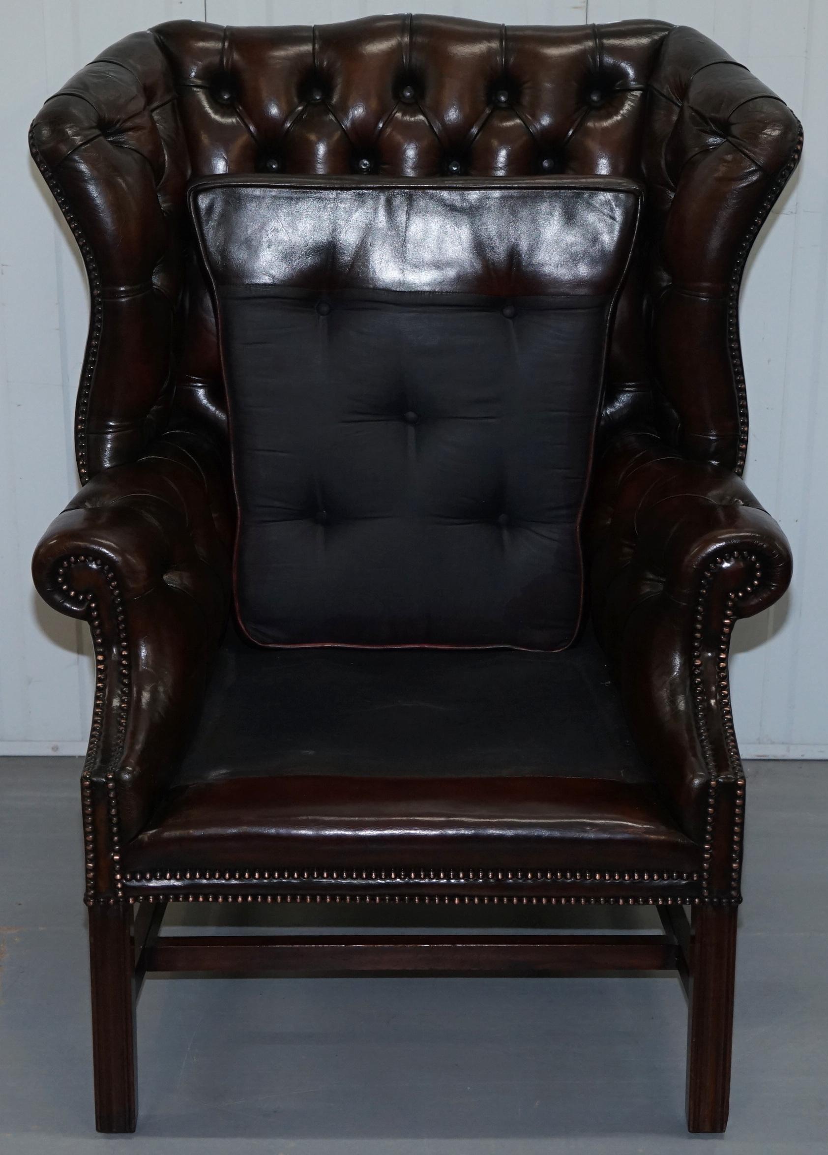 Stunning Cigar Brown Leather Chesterfield Wingback Armchair Chippendale Cushion 7