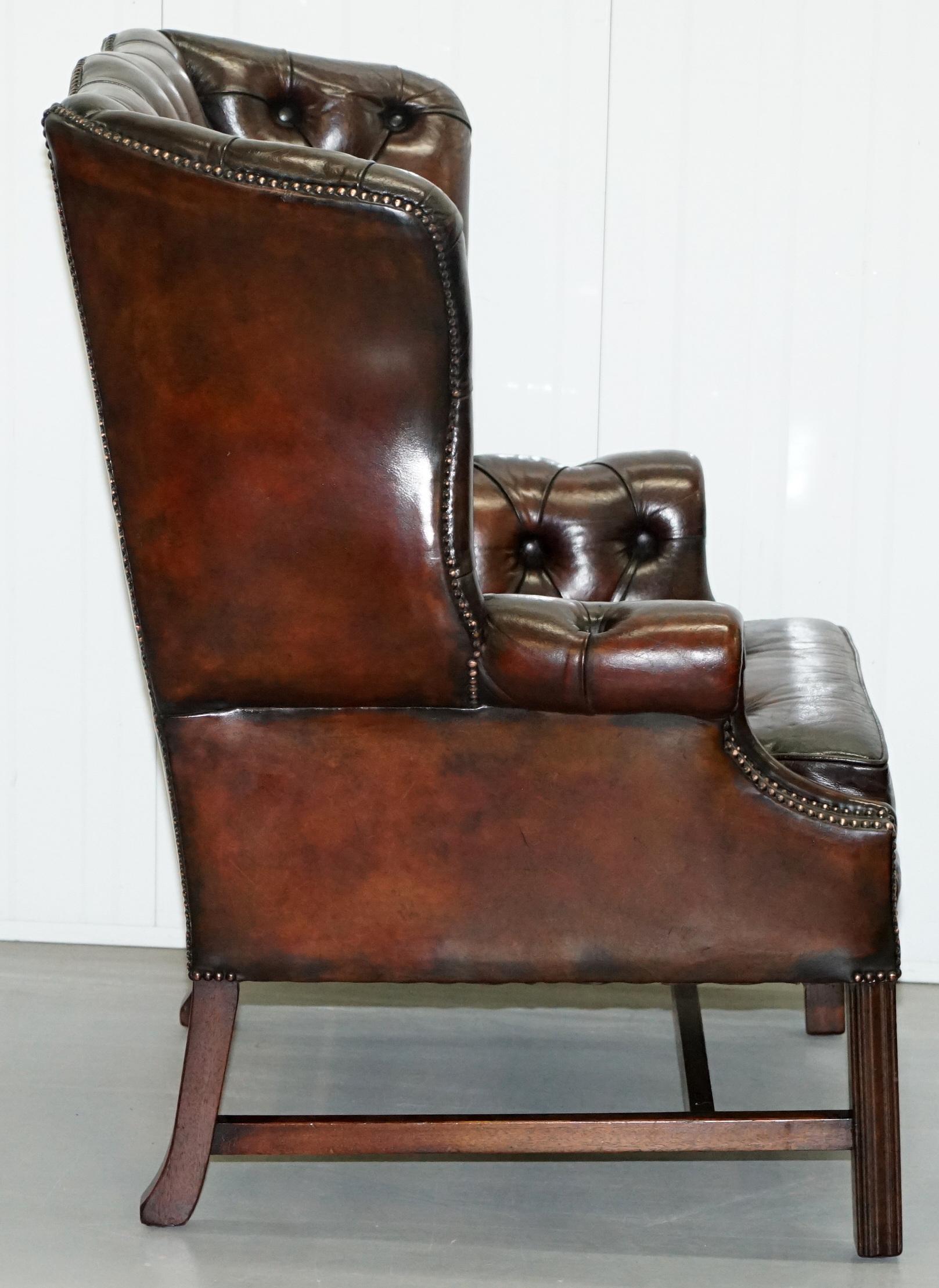Stunning Cigar Brown Leather Chesterfield Wingback Armchair Chippendale Cushion 8