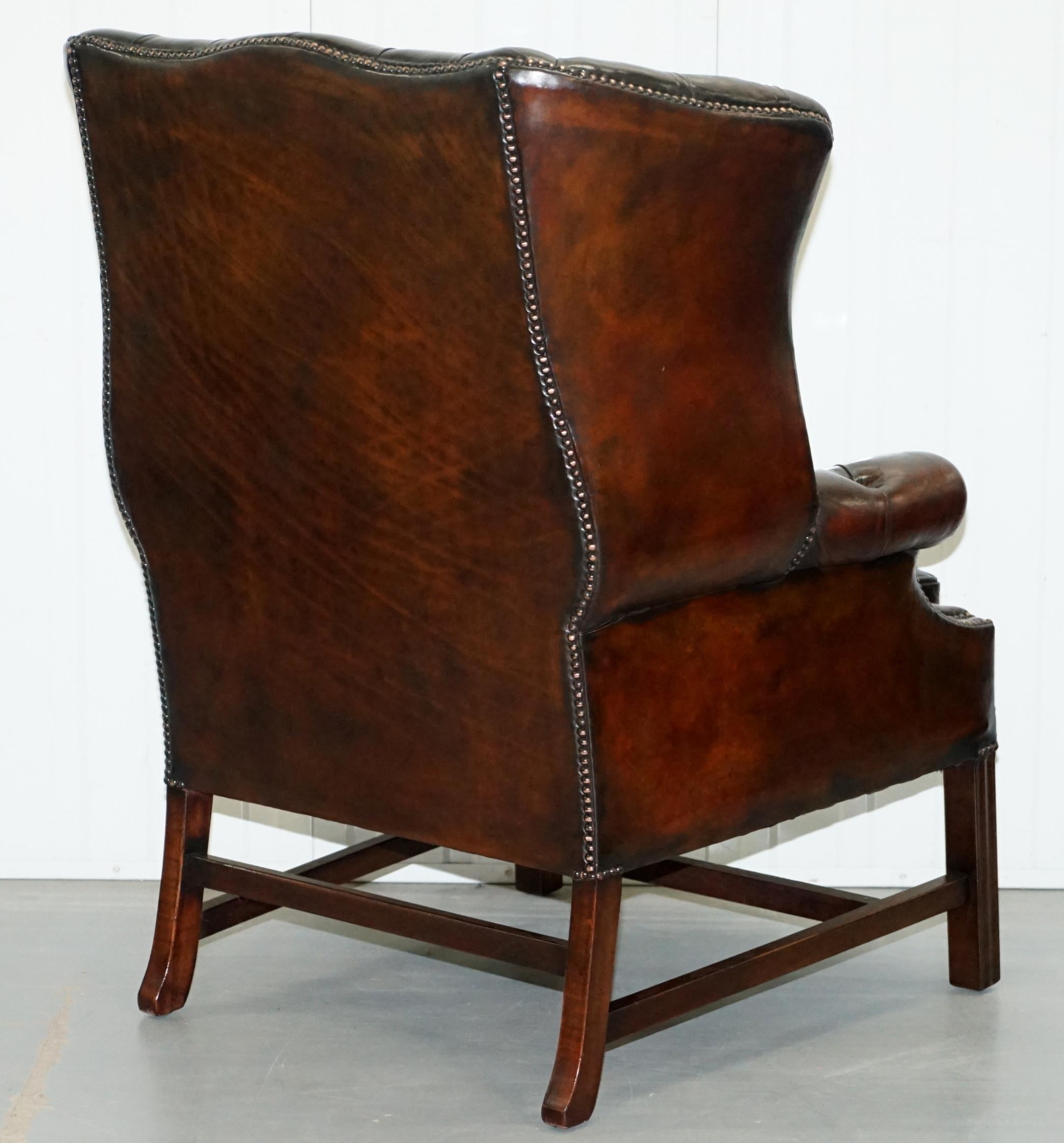 Stunning Cigar Brown Leather Chesterfield Wingback Armchair Chippendale Cushion 9
