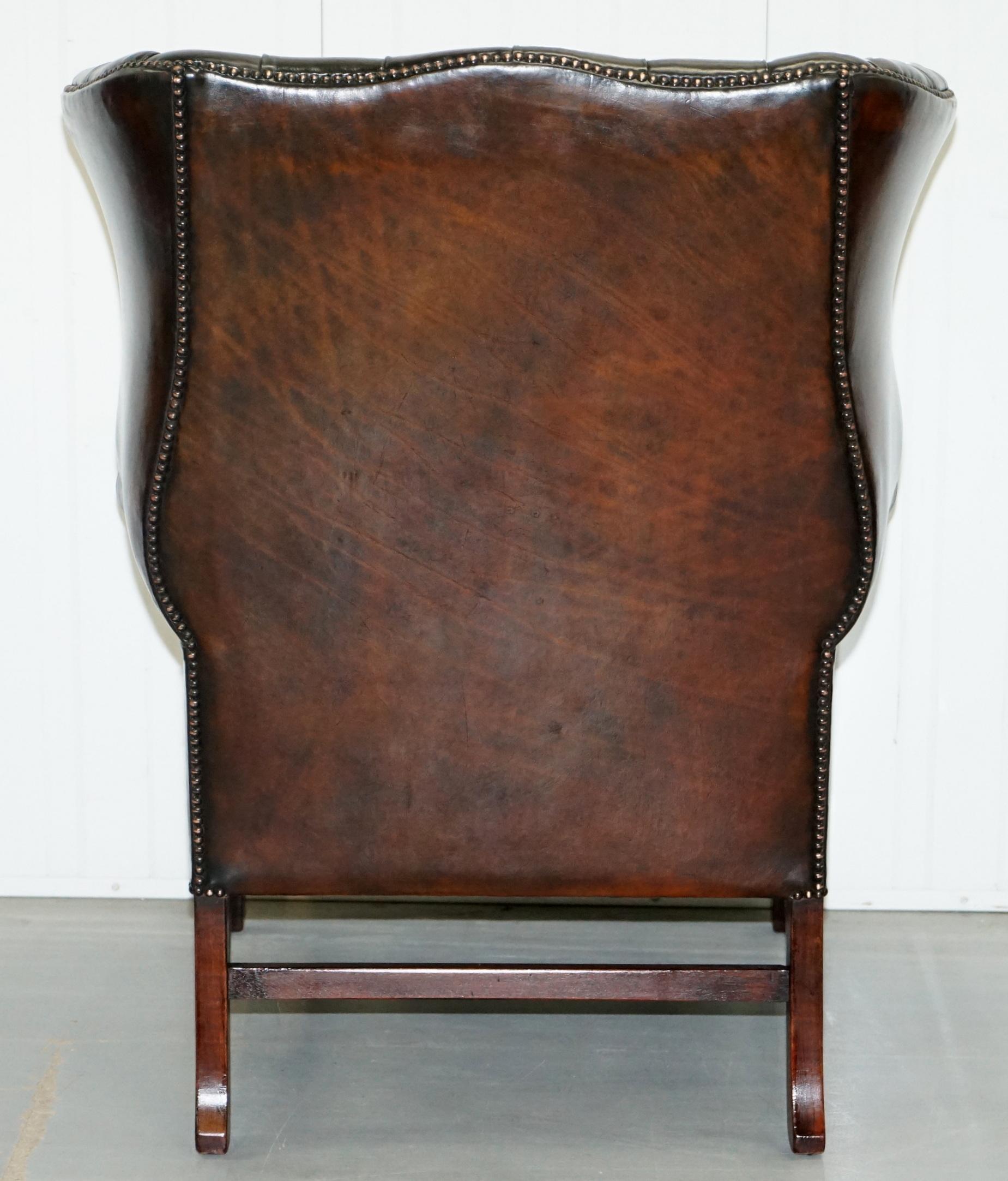 Stunning Cigar Brown Leather Chesterfield Wingback Armchair Chippendale Cushion 10