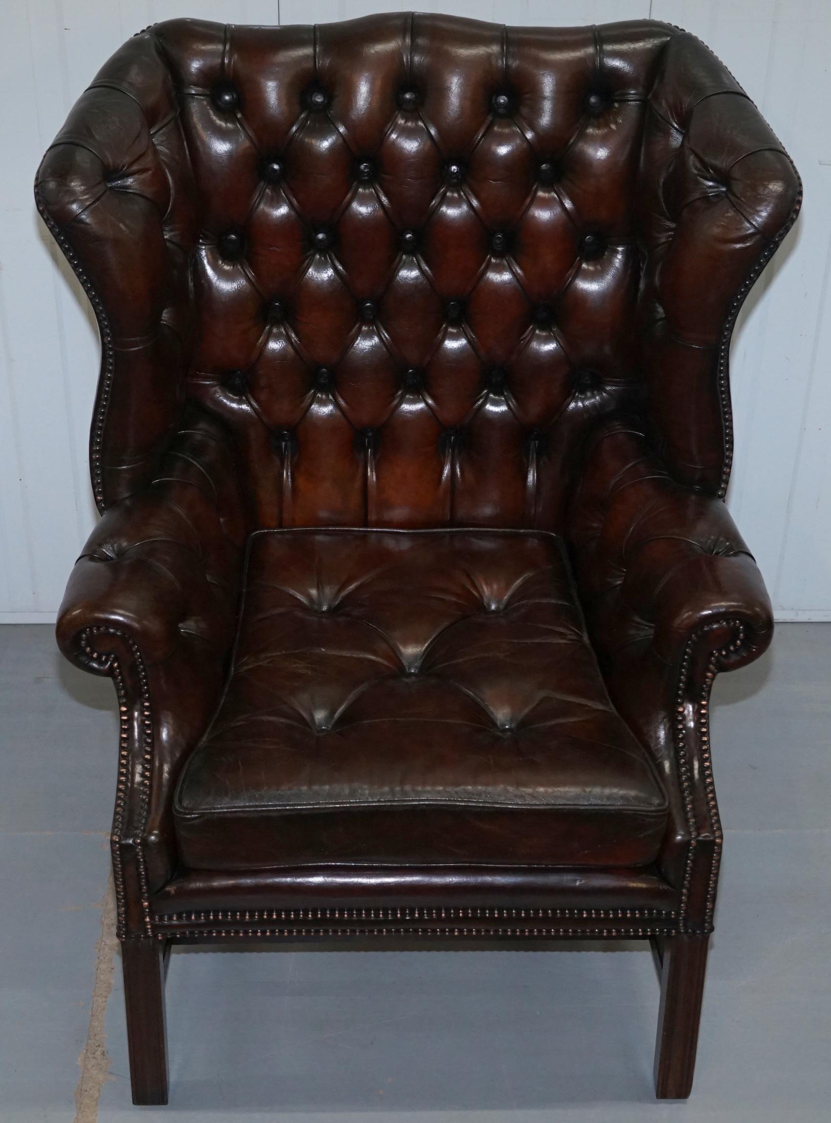 We are delighted to offer for sale this stunning fully restored Chesterfield Cigar brown leather wingback armchair with Thomas Chippendale style floating button cushion

If you’re looking for a very rare model of wingback armchair that screams