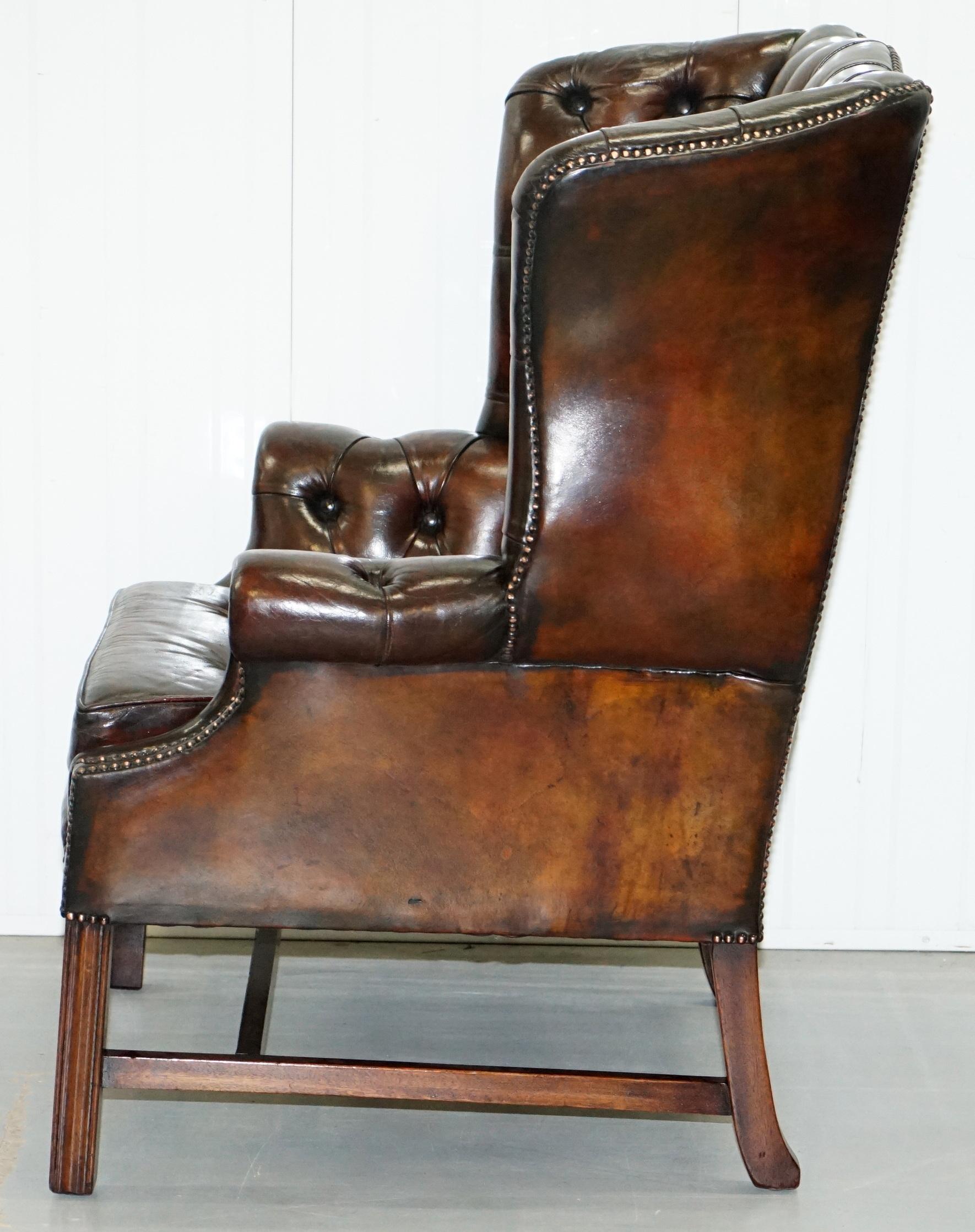 Stunning Cigar Brown Leather Chesterfield Wingback Armchair Chippendale Cushion 11