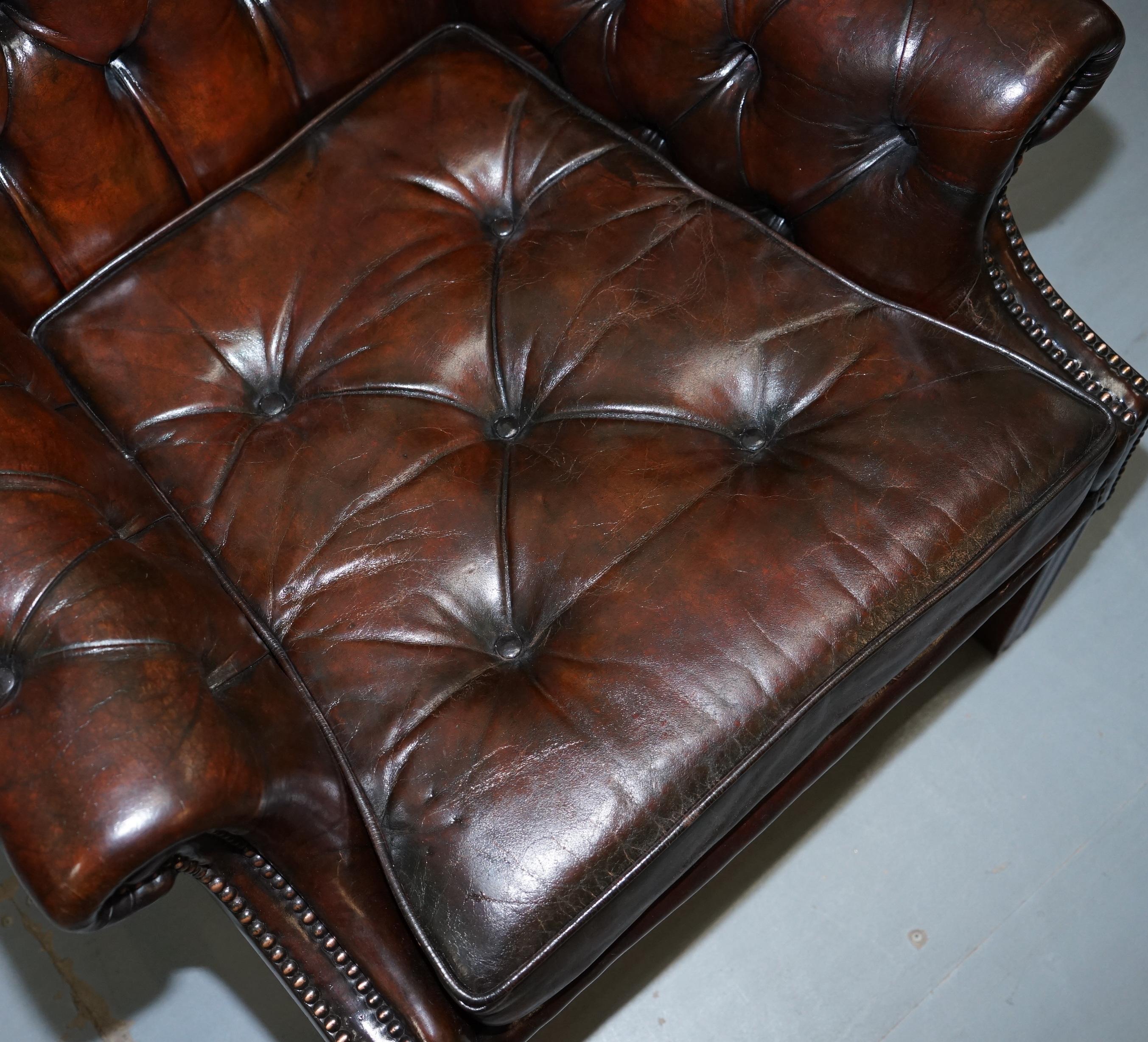Mid-Century Modern Stunning Cigar Brown Leather Chesterfield Wingback Armchair Chippendale Cushion