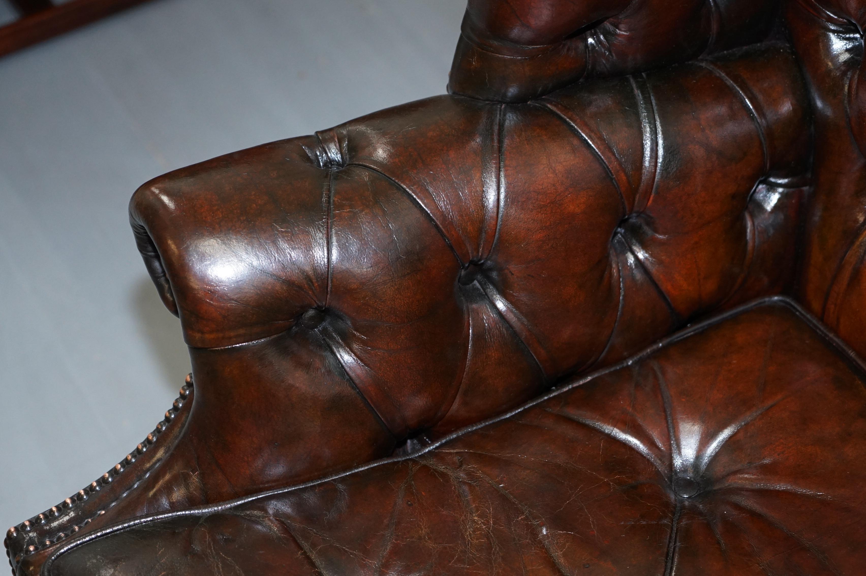 British Stunning Cigar Brown Leather Chesterfield Wingback Armchair Chippendale Cushion