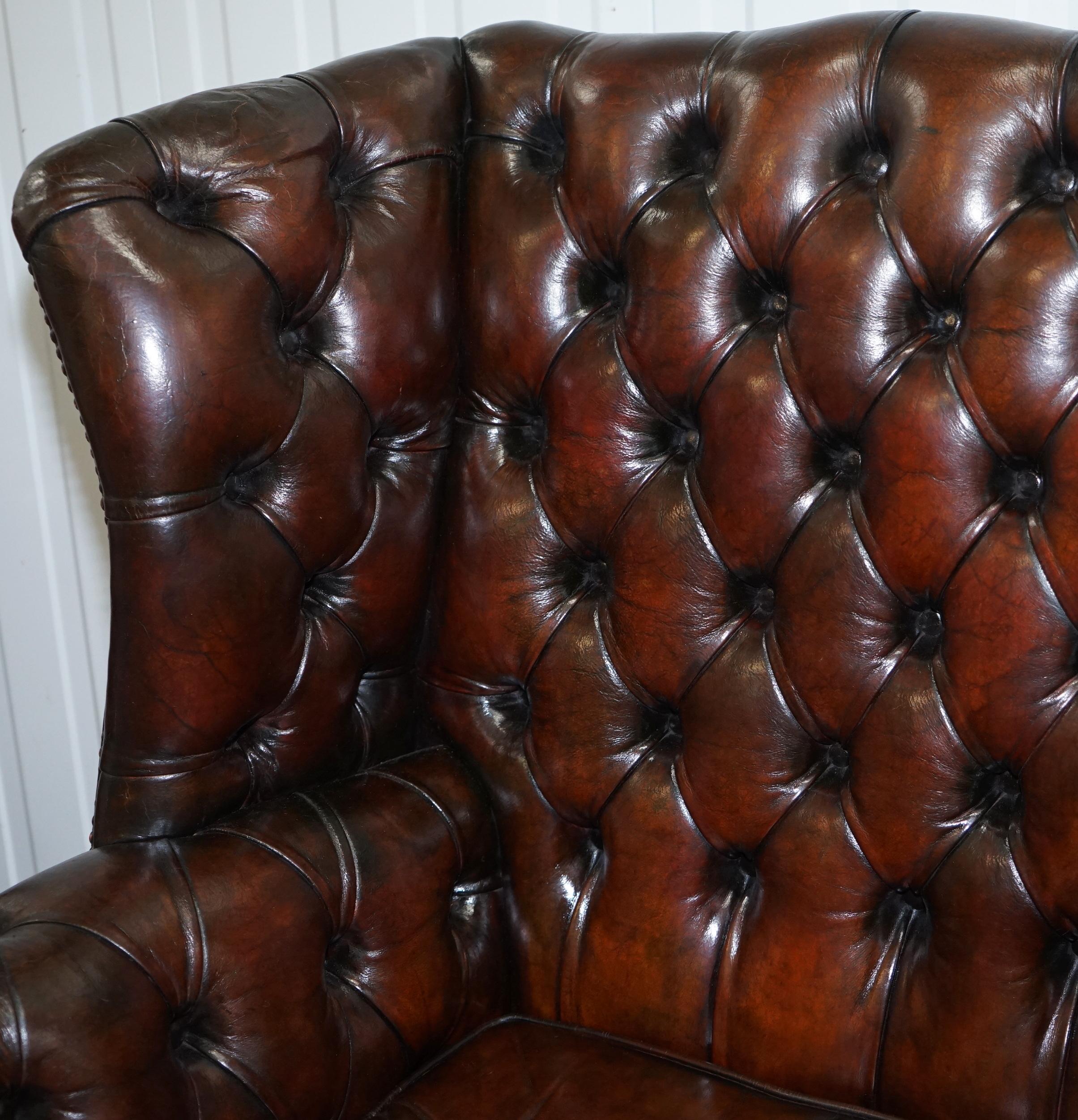 Mid-20th Century Stunning Cigar Brown Leather Chesterfield Wingback Armchair Chippendale Cushion