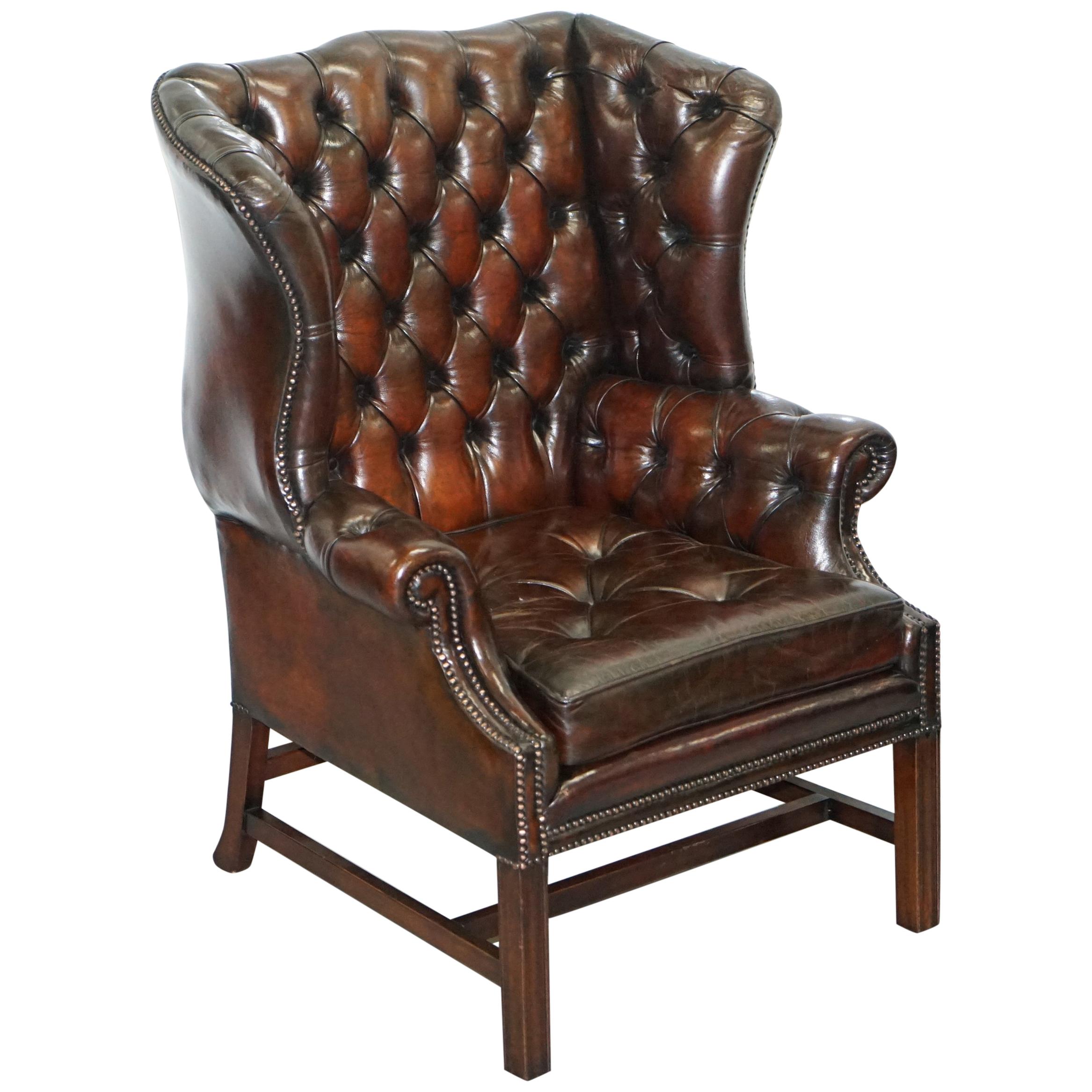 Stunning Cigar Brown Leather Chesterfield Wingback Armchair Chippendale Cushion