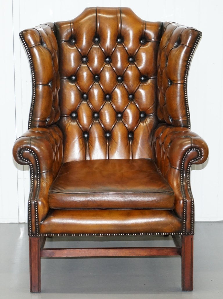 Stunning Cigar Brown Leather Chesterfield Wingback Armchair Double Sided Cushion For Sale at 1stdibs