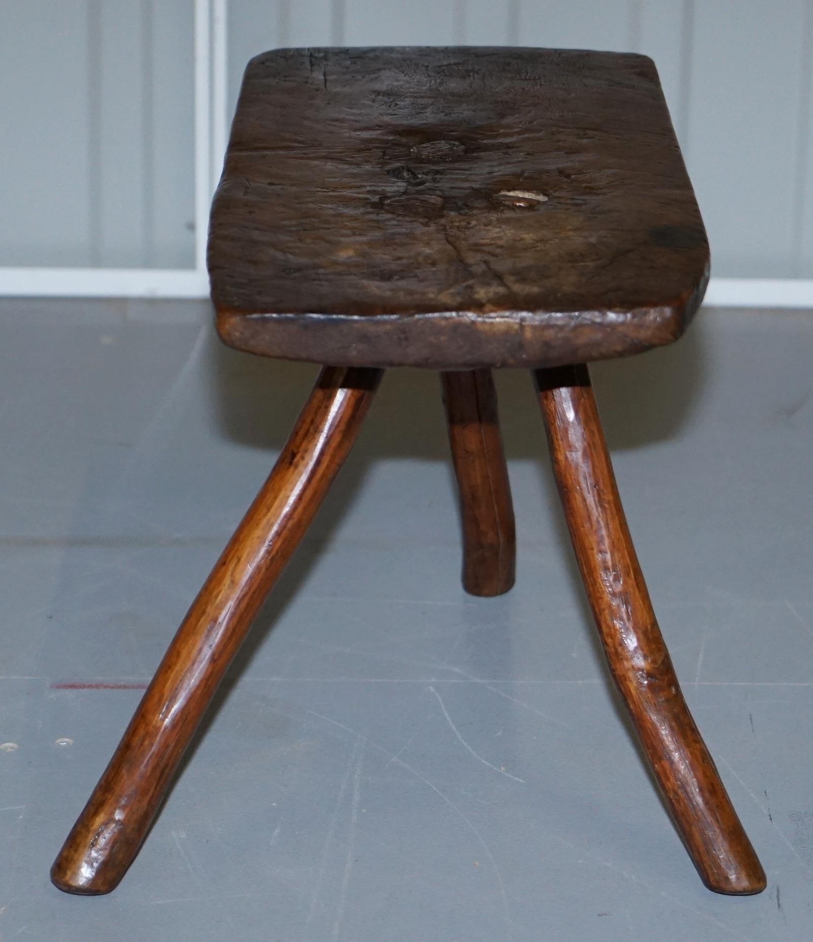 Stunning circa 1800 Handmade and Carved Primitive Three-Legged Rectangle Stool 4