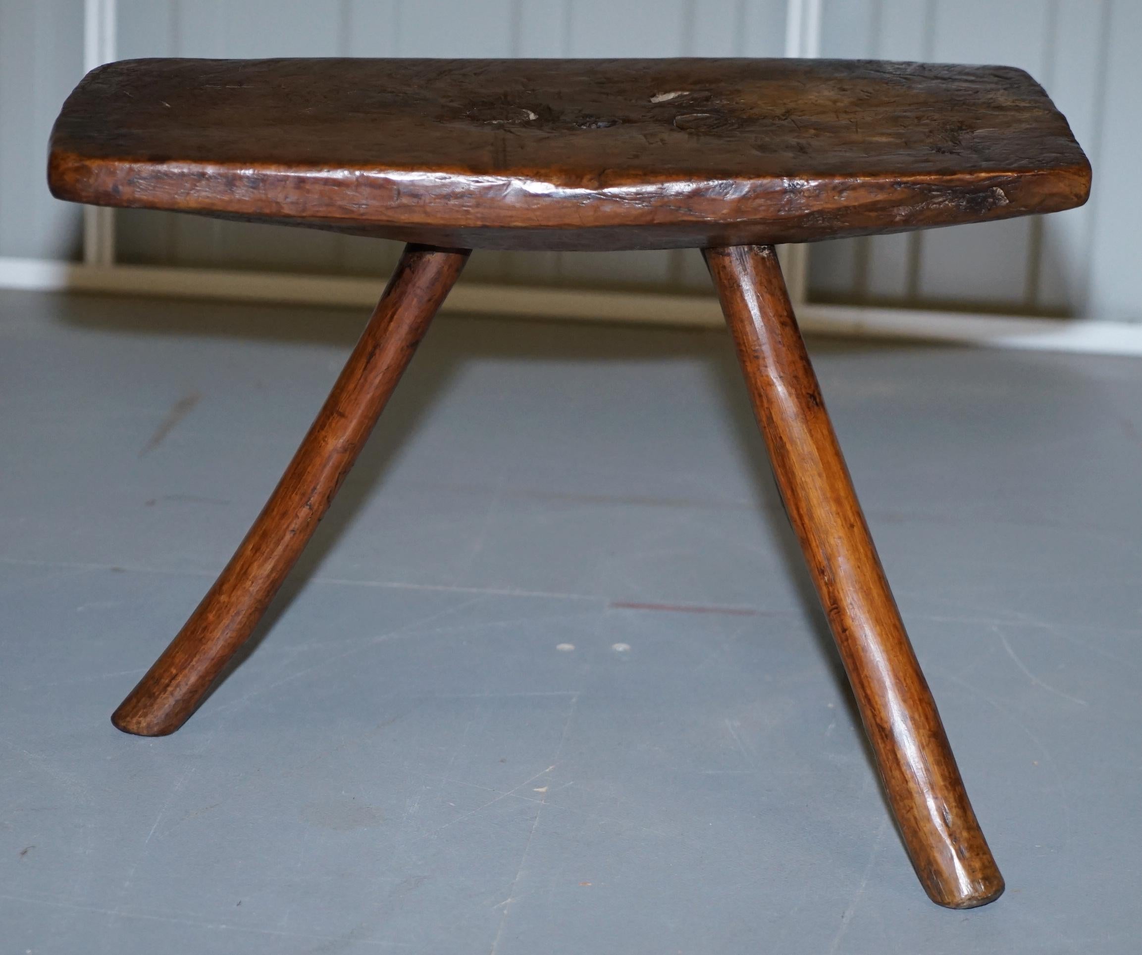 Stunning circa 1800 Handmade and Carved Primitive Three-Legged Rectangle Stool 5