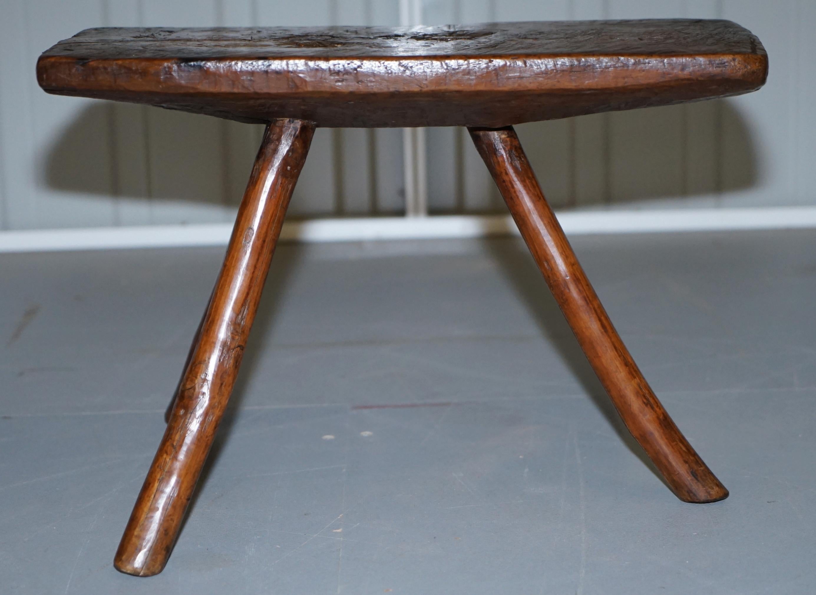 Stunning circa 1800 Handmade and Carved Primitive Three-Legged Rectangle Stool 1