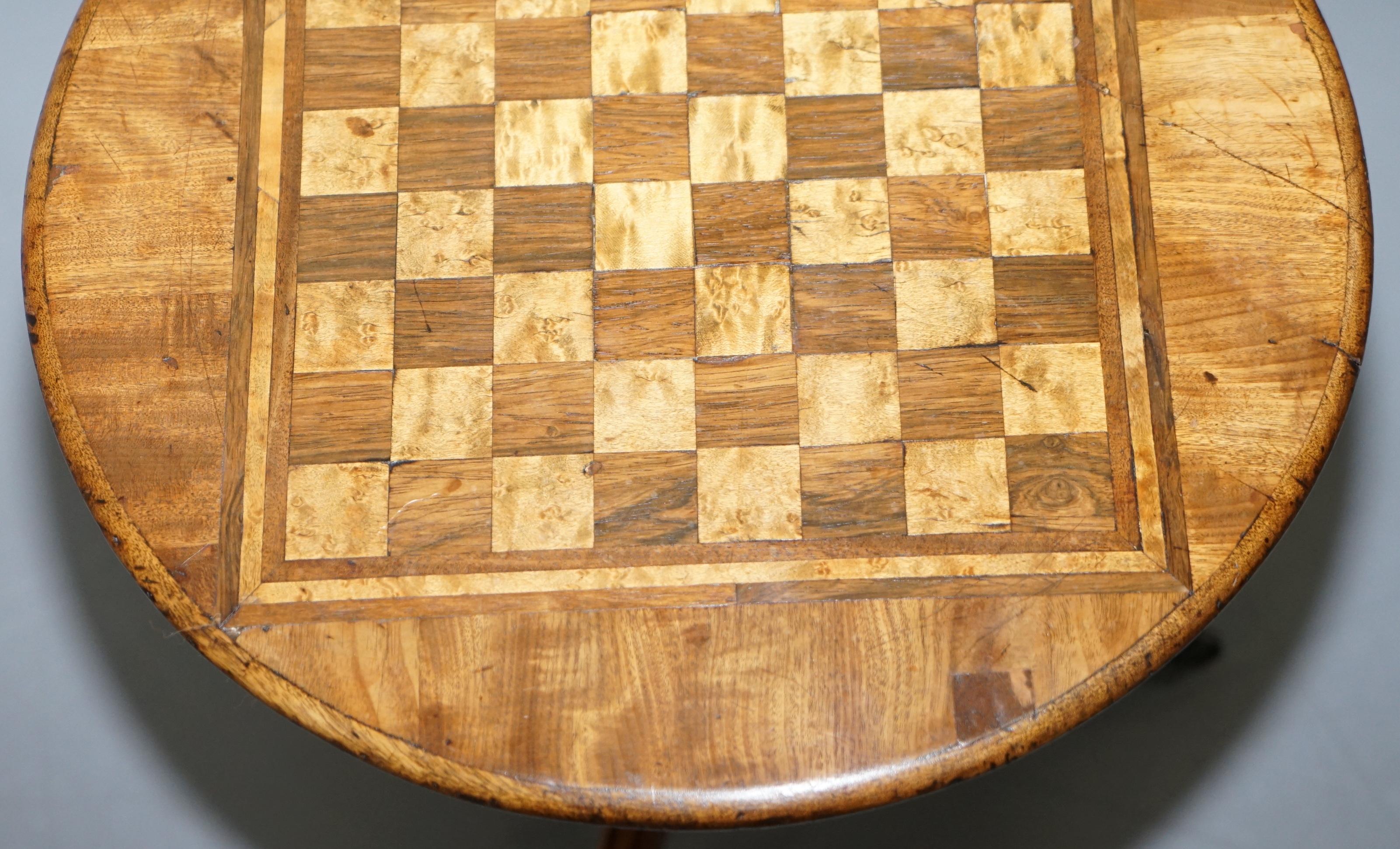 English Stunning circa 1880 Walnut & Mahogany Chess Games Table Tripod Base Lion Feet