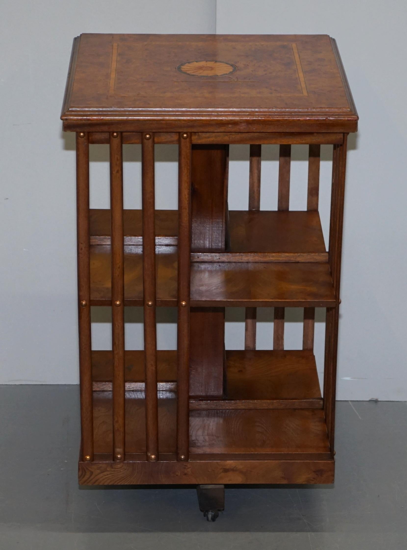 We are delighted to offer for sale this stunning circa 1900 burr walnut revolving bookcases with Sheraton inlaid to the top

An exceptionally well made and highly decorative library bookcase. Rare to find in burr walnut and with the lovely