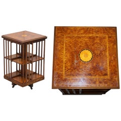 Antique Stunning circa 1900 Edwardian Burr Walnut Revolving Bookcase Sheraton Inlaid