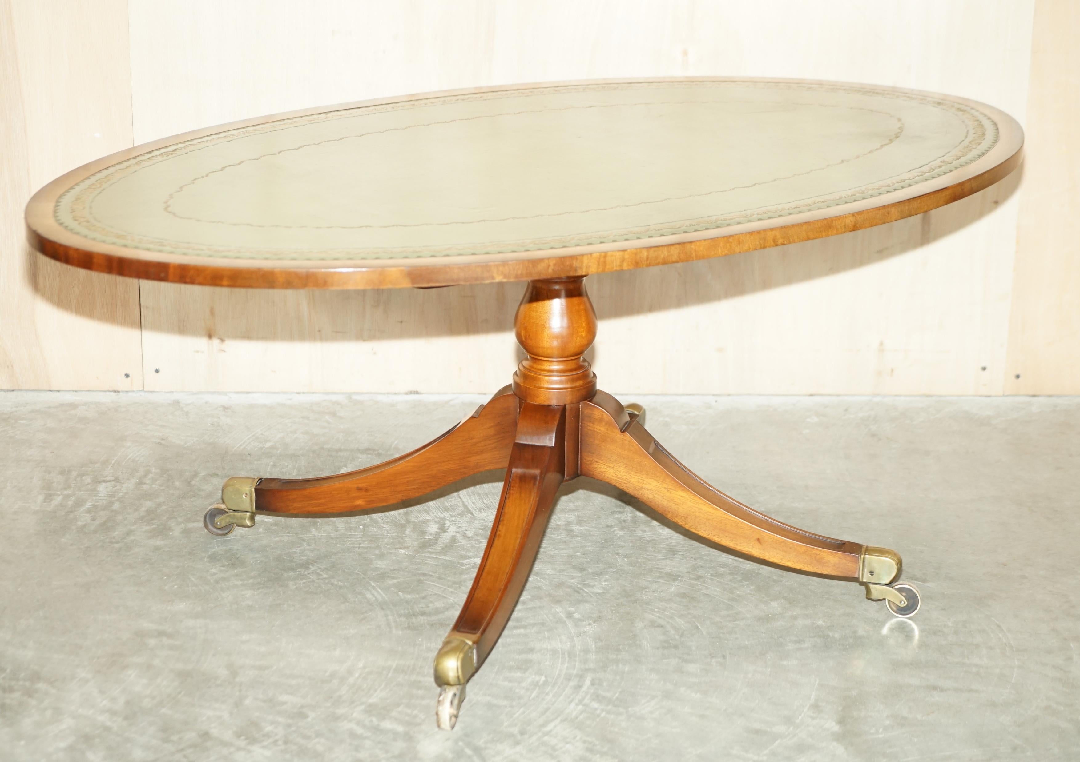 We are delighted to offer for sale this lovely condition antique circa 1900-1920 Walnut & Green Leather Coffee Table with solid English Brass Castors

This is a very well made and versatile piece with a timber patina to die for, the castors are a