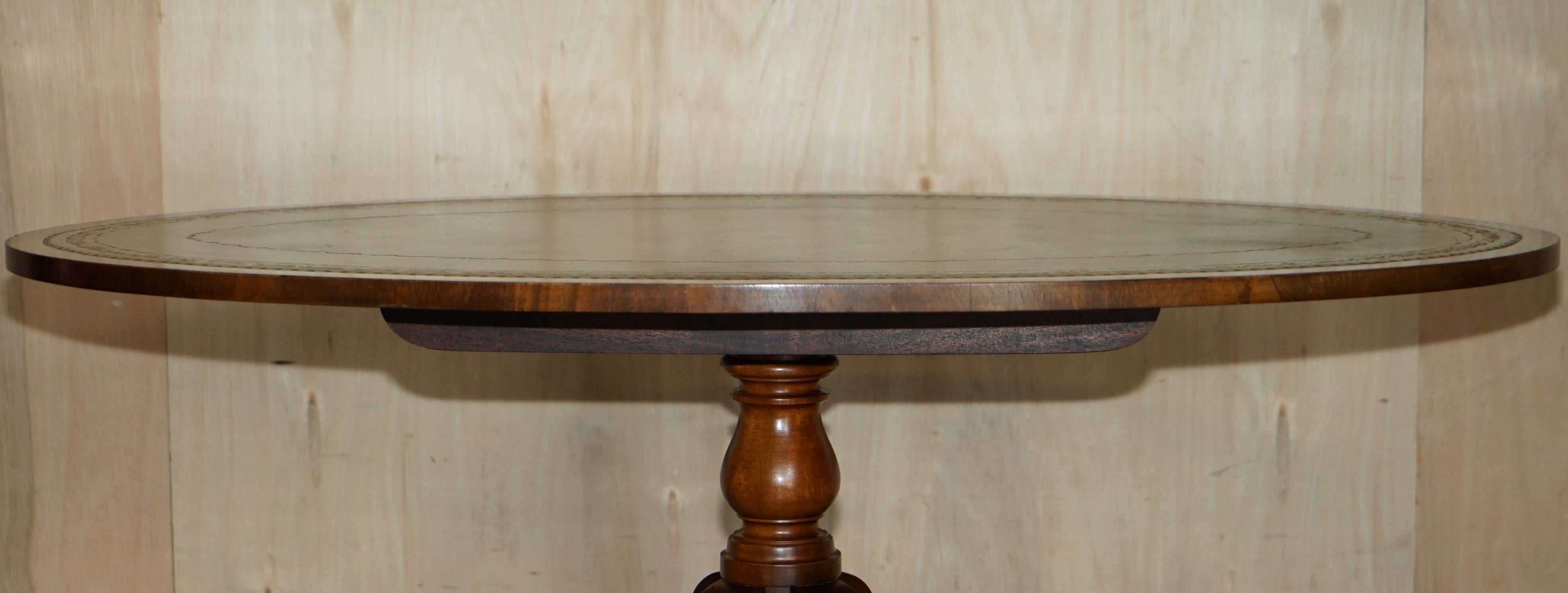 Late Victorian Stunning circa 1900 English Walnut Green Leather Brass Castor Oval Coffee Table For Sale