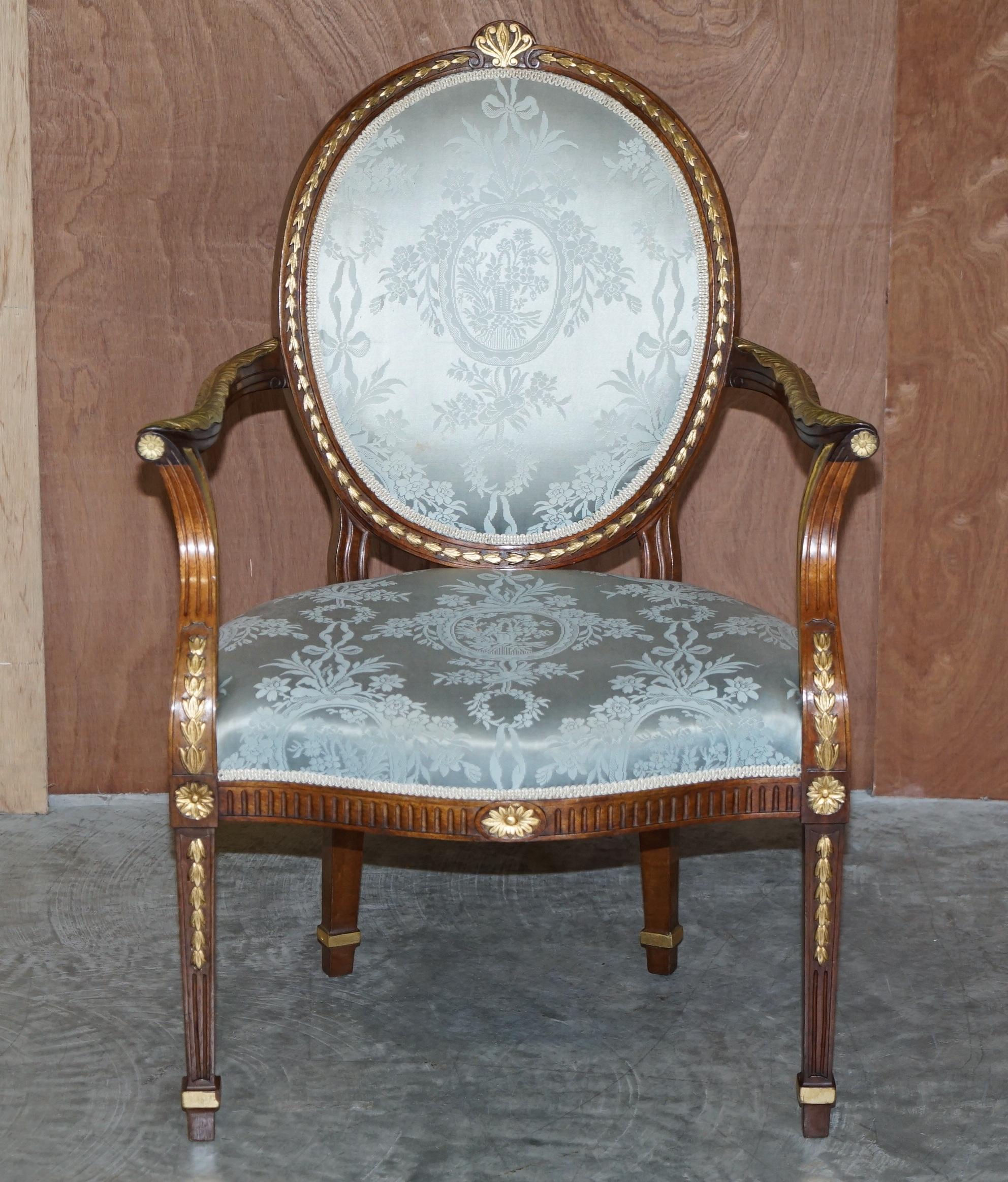 We are delighted to offer for sale this extremely well made circa 1900 George Hepplewhite style Mahogany & Giltwood armchair 

A very decorative and well made armchair, this piece is a tour de force of carving and giltwood decoration, its