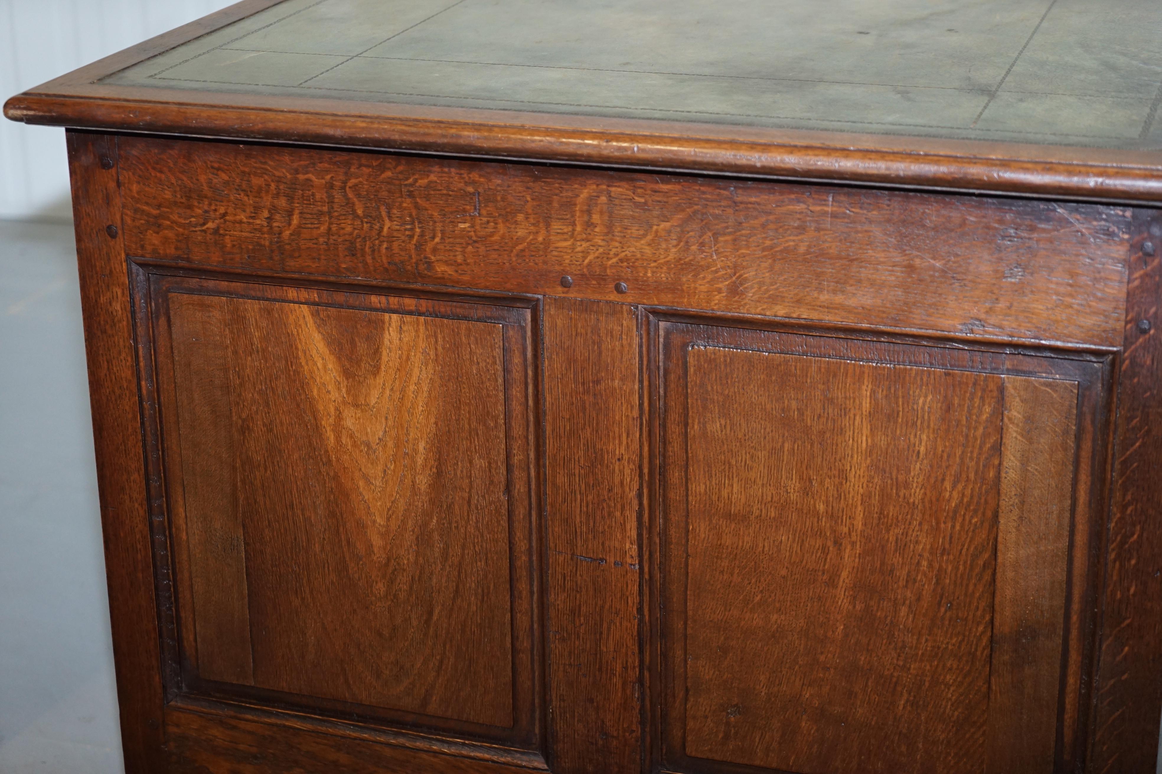 Stunning circa 1900 Oak & Green Leather Topped Desk or Shops Counter Arts Crafts 10