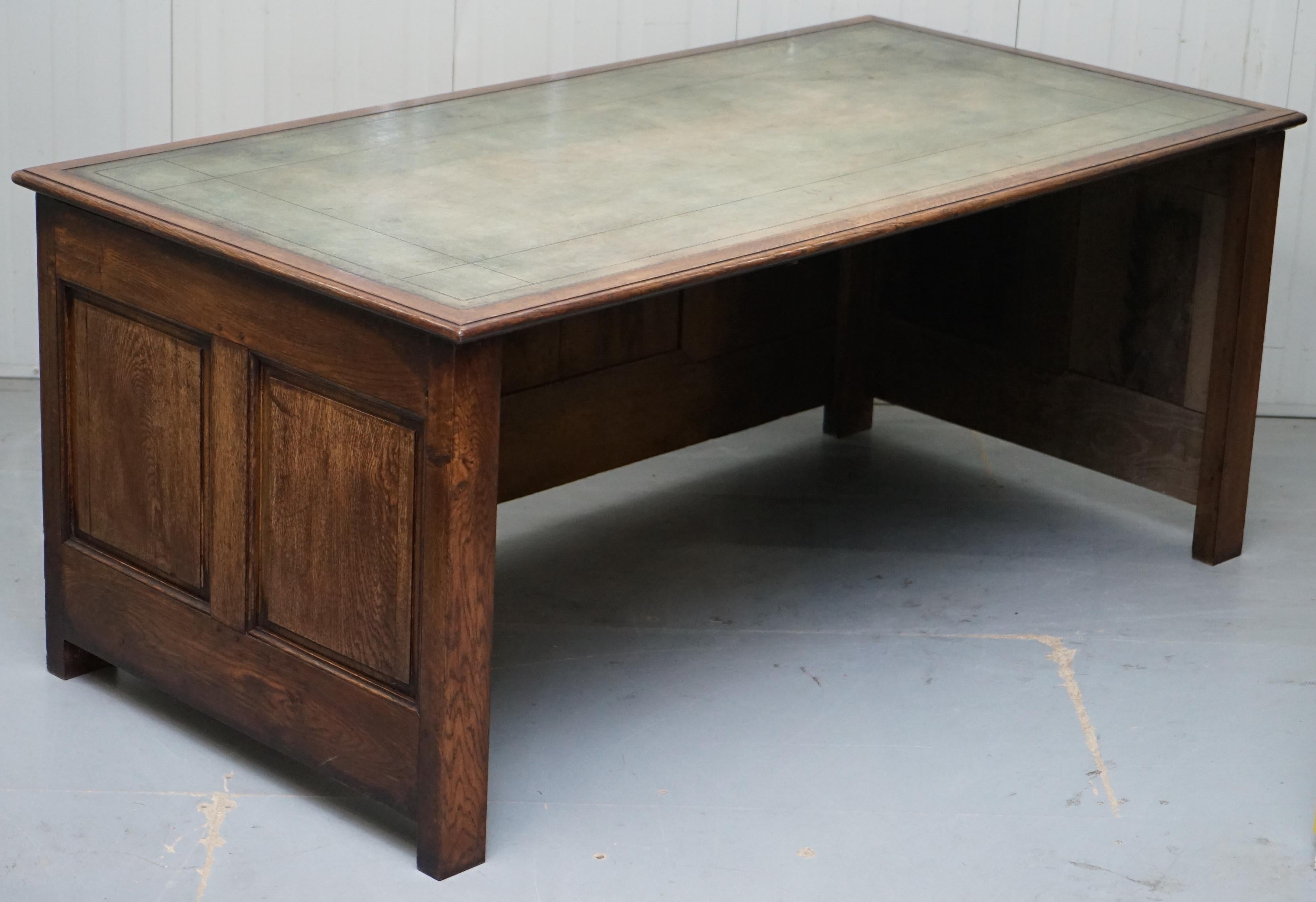 English Stunning circa 1900 Oak & Green Leather Topped Desk or Shops Counter Arts Crafts