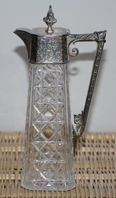 Stunning circa 1920s Art Deco Hand Cut Glass Decanter Jug Silver Plated Top