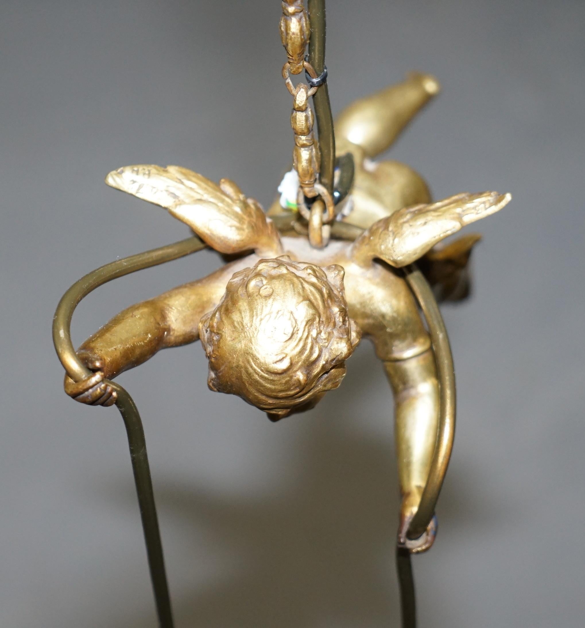 Stunning circa 1920s French Gilt Bronze Cherub Angel Ceiling Light Chandelier 6