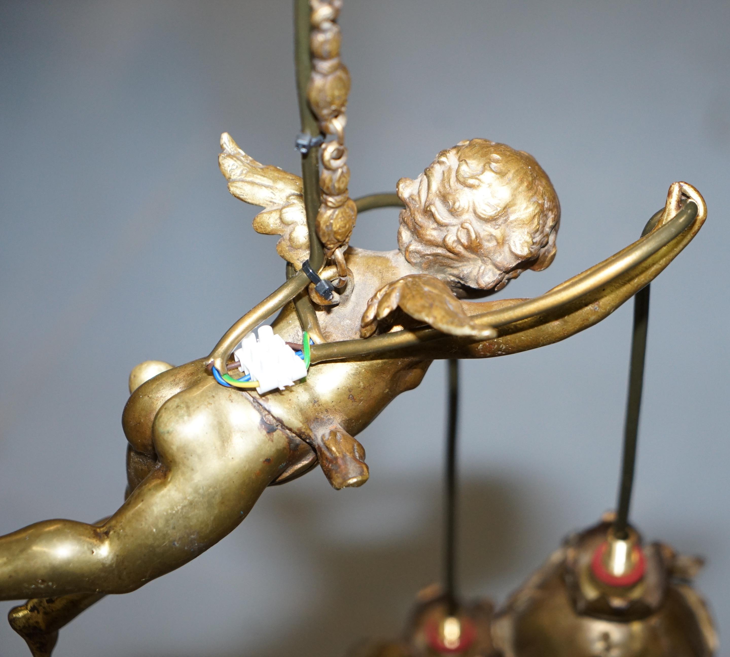 Stunning circa 1920s French Gilt Bronze Cherub Angel Ceiling Light Chandelier 7