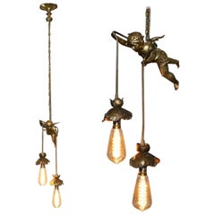 Stunning circa 1920s French Gilt Bronze Cherub Angel Ceiling Light Chandelier