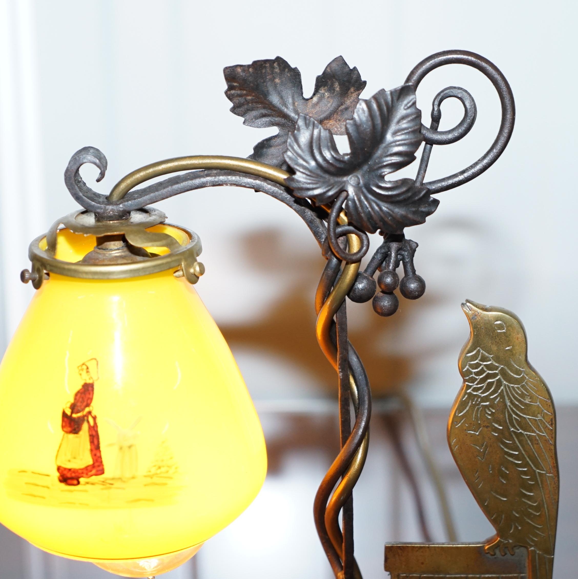 Stunning circa 1930 Bronze Bird & Wrought Iron Table Lamp Painted Glass Shade For Sale 7