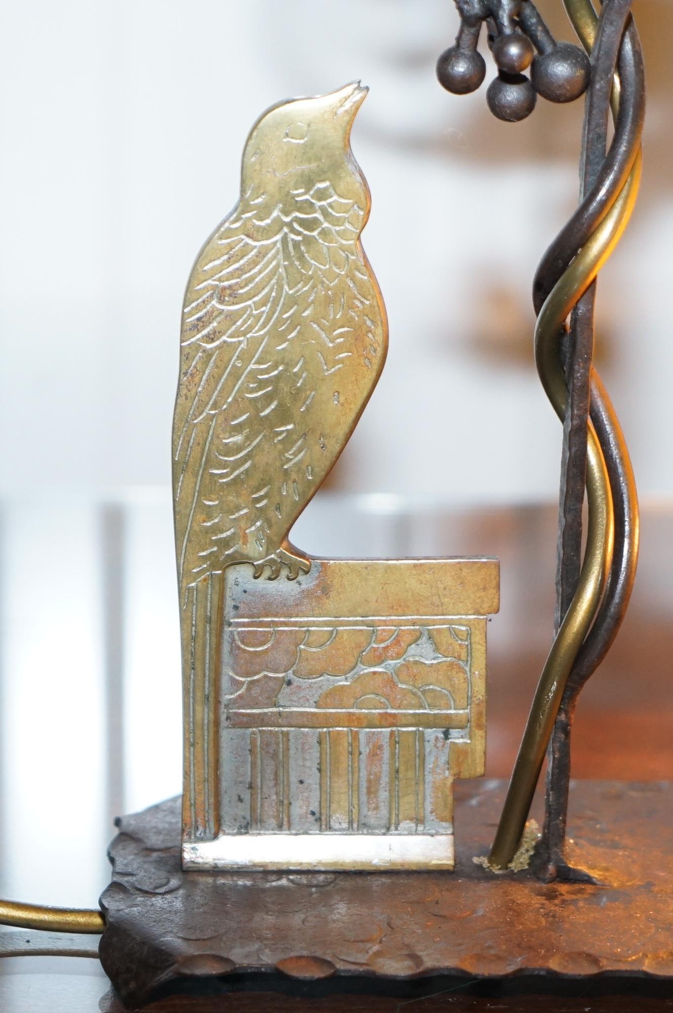 French Stunning circa 1930 Bronze Bird & Wrought Iron Table Lamp Painted Glass Shade For Sale