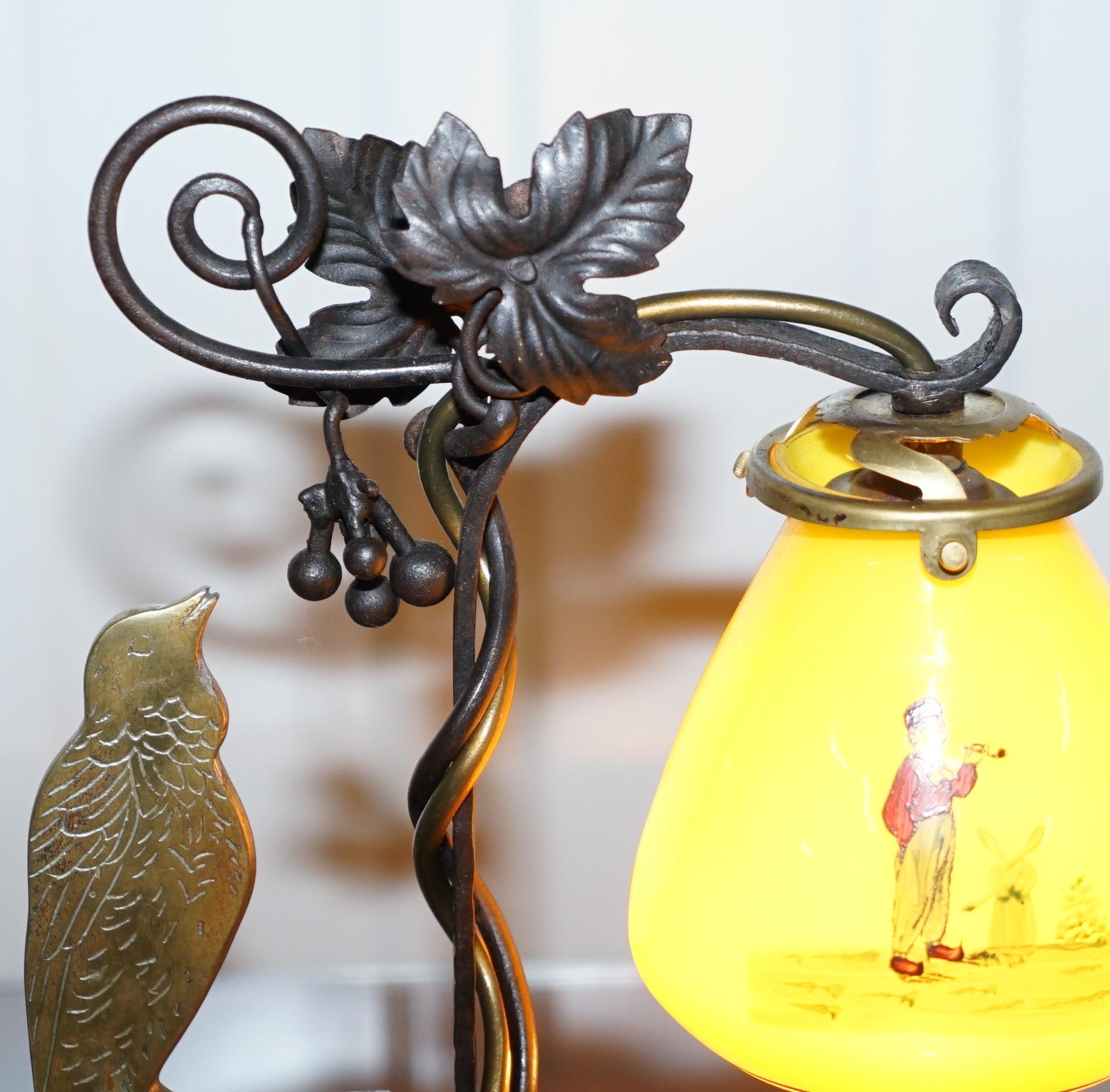 Hand-Crafted Stunning circa 1930 Bronze Bird & Wrought Iron Table Lamp Painted Glass Shade For Sale