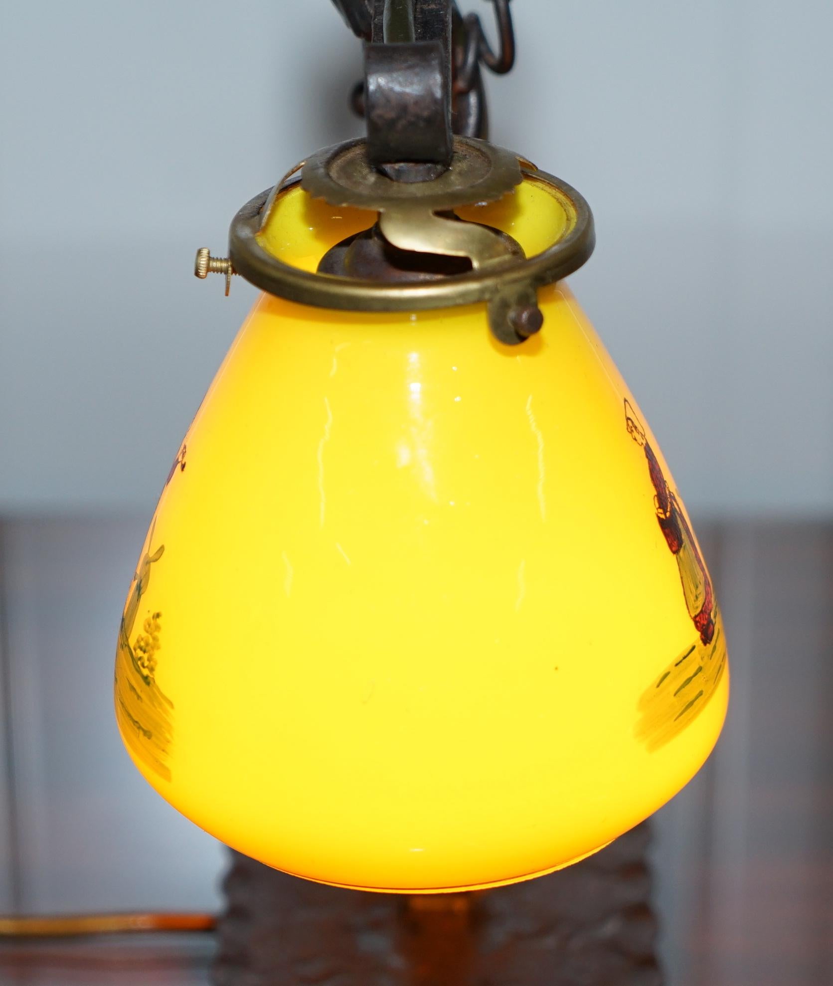 Stunning circa 1930 Bronze Bird & Wrought Iron Table Lamp Painted Glass Shade For Sale 2
