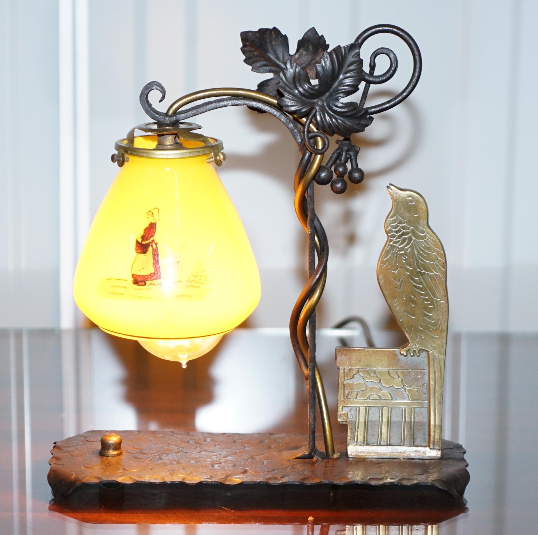 Stunning circa 1930 Bronze Bird & Wrought Iron Table Lamp Painted Glass Shade For Sale 3