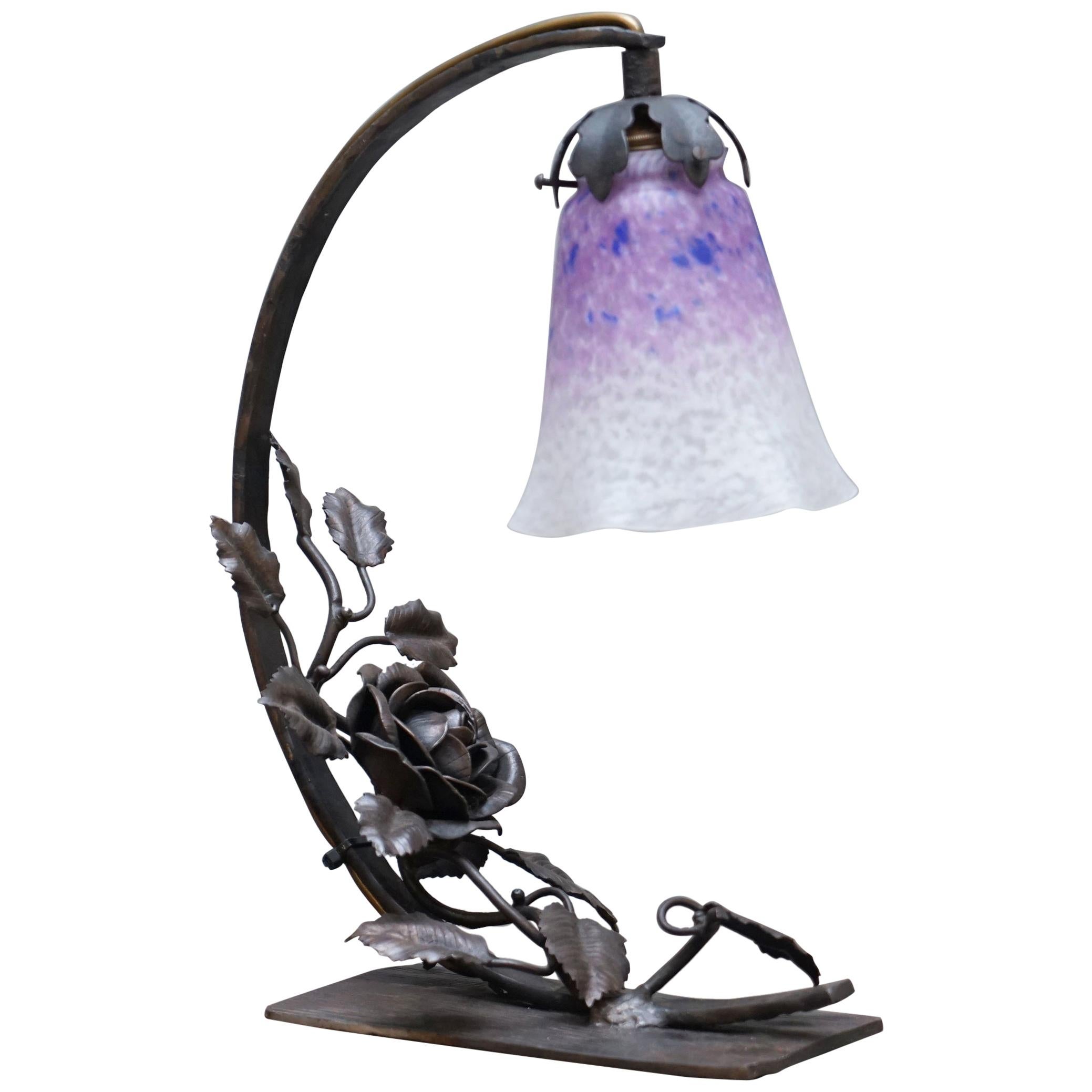 Stunning circa 1930 charles Schneider Wrought Iron Rose Bud Glass Table Lamp