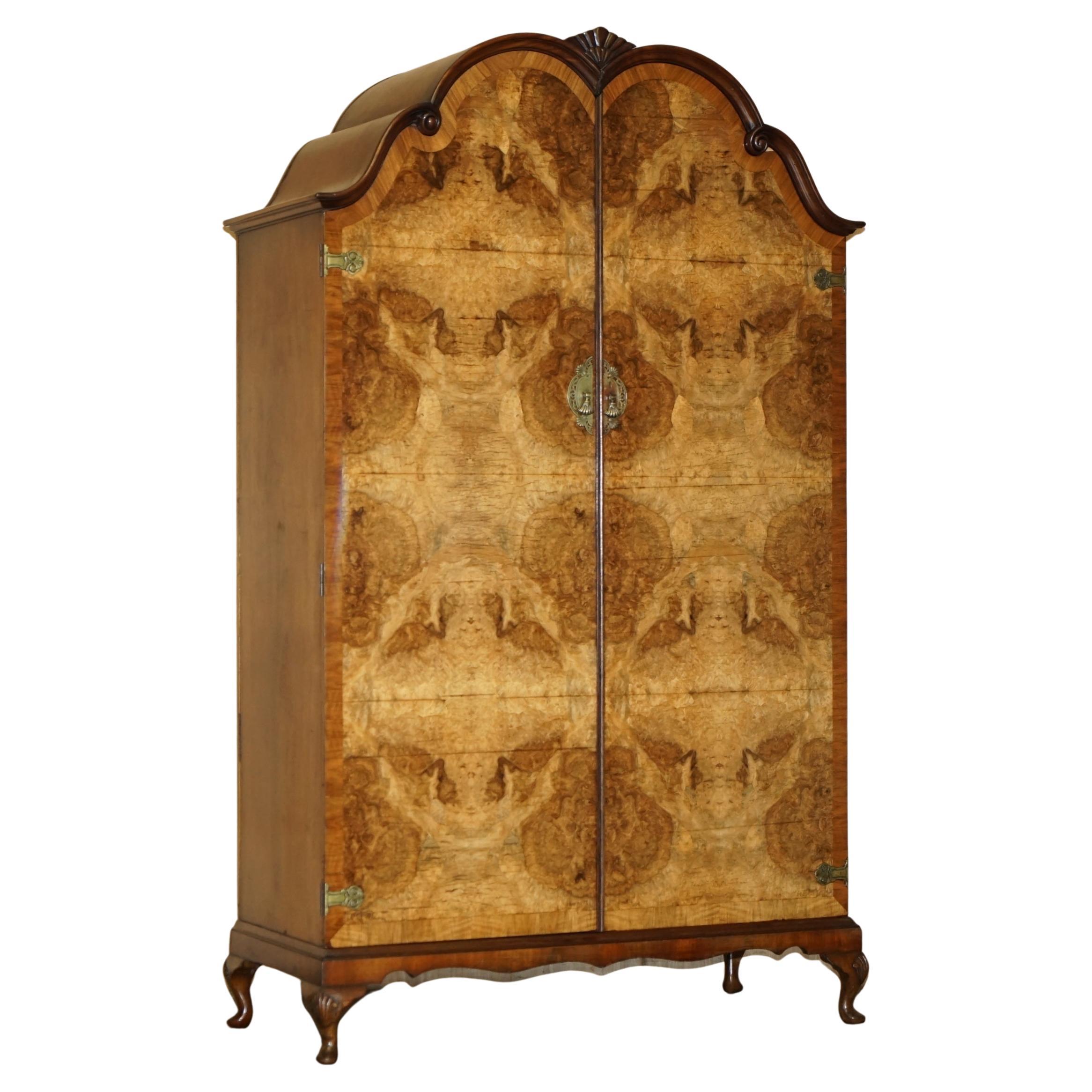 STUNNING CIRCA 1940's QUARTER CUT BURR WALNUT STEEPLE TOP LARGE TWIN WARDROBE