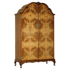 STUNNING CIRCA 1940's QUARTER CUT BURR WALNUT STEEPLE TOP LARGE TWIN WARDROBE