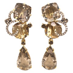 Stunning Citrine and Quartz Diamond Drop Earrings Set in 18 Karat Yellow Gold
