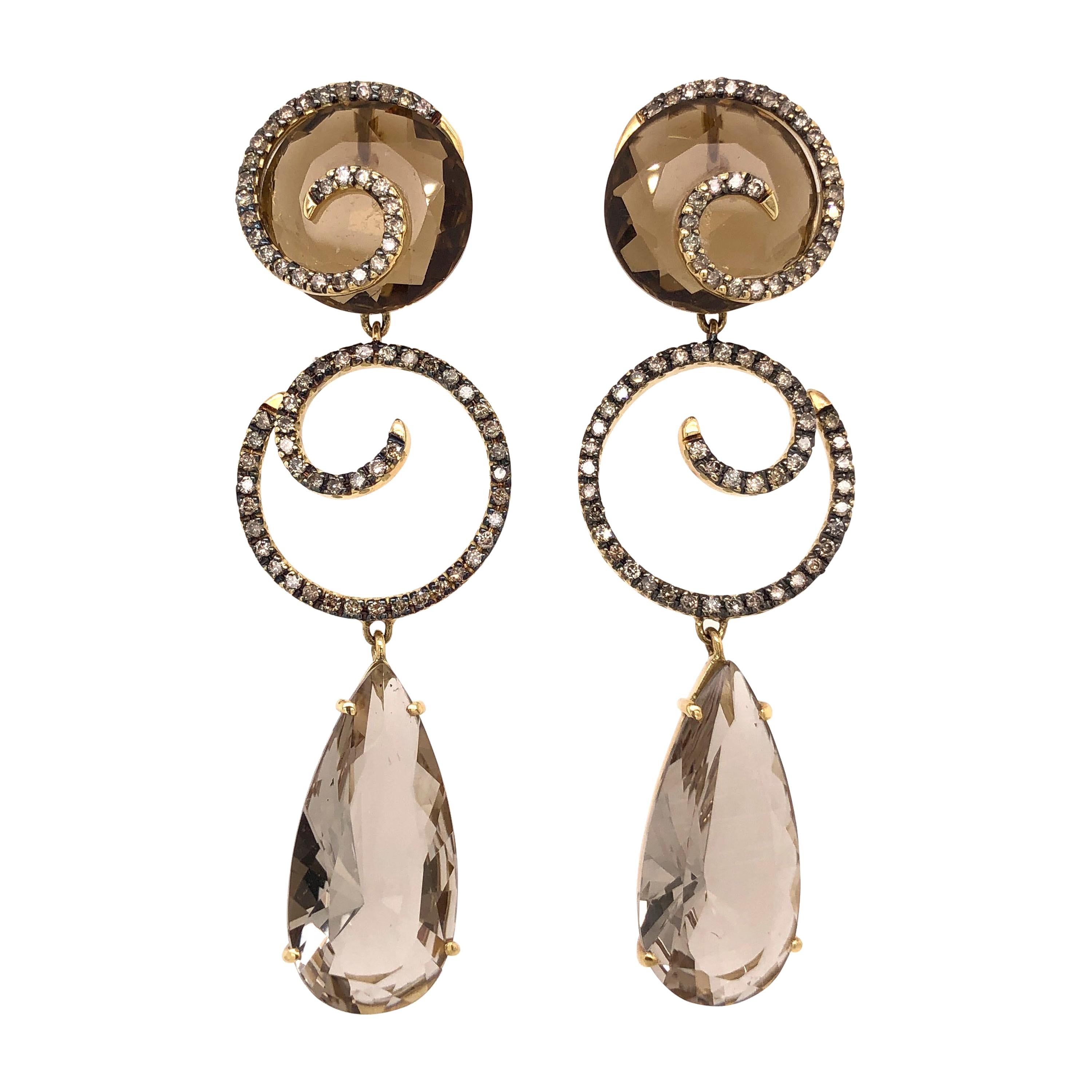 Stunning Citrine, Quartz and Diamond Drop Earrings Set in 18 Karat Yellow Gold For Sale