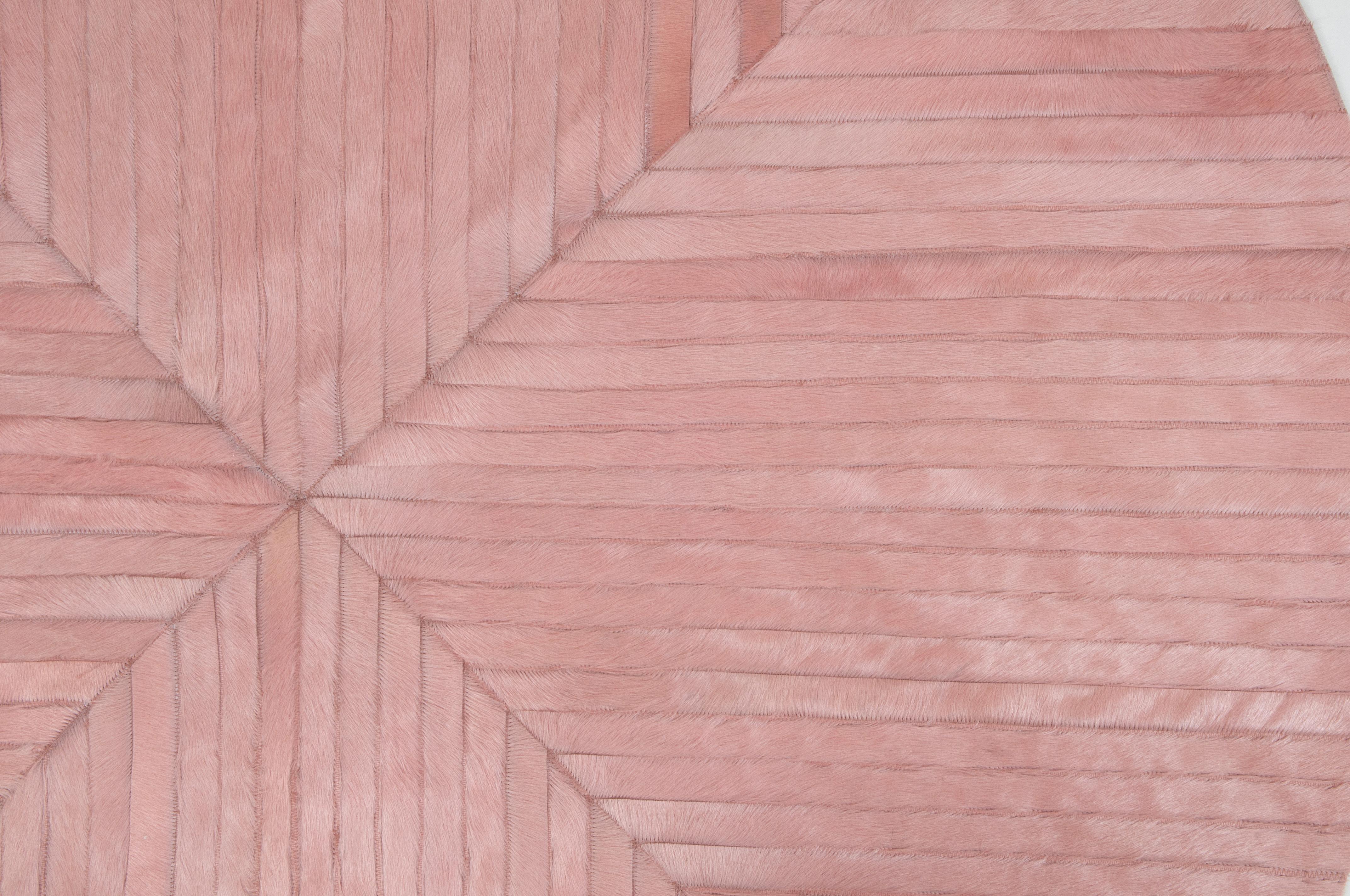 Machine-Made Round Pink Striped Customizable La Quinta Cowhide Area Floor Rug Medium For Sale