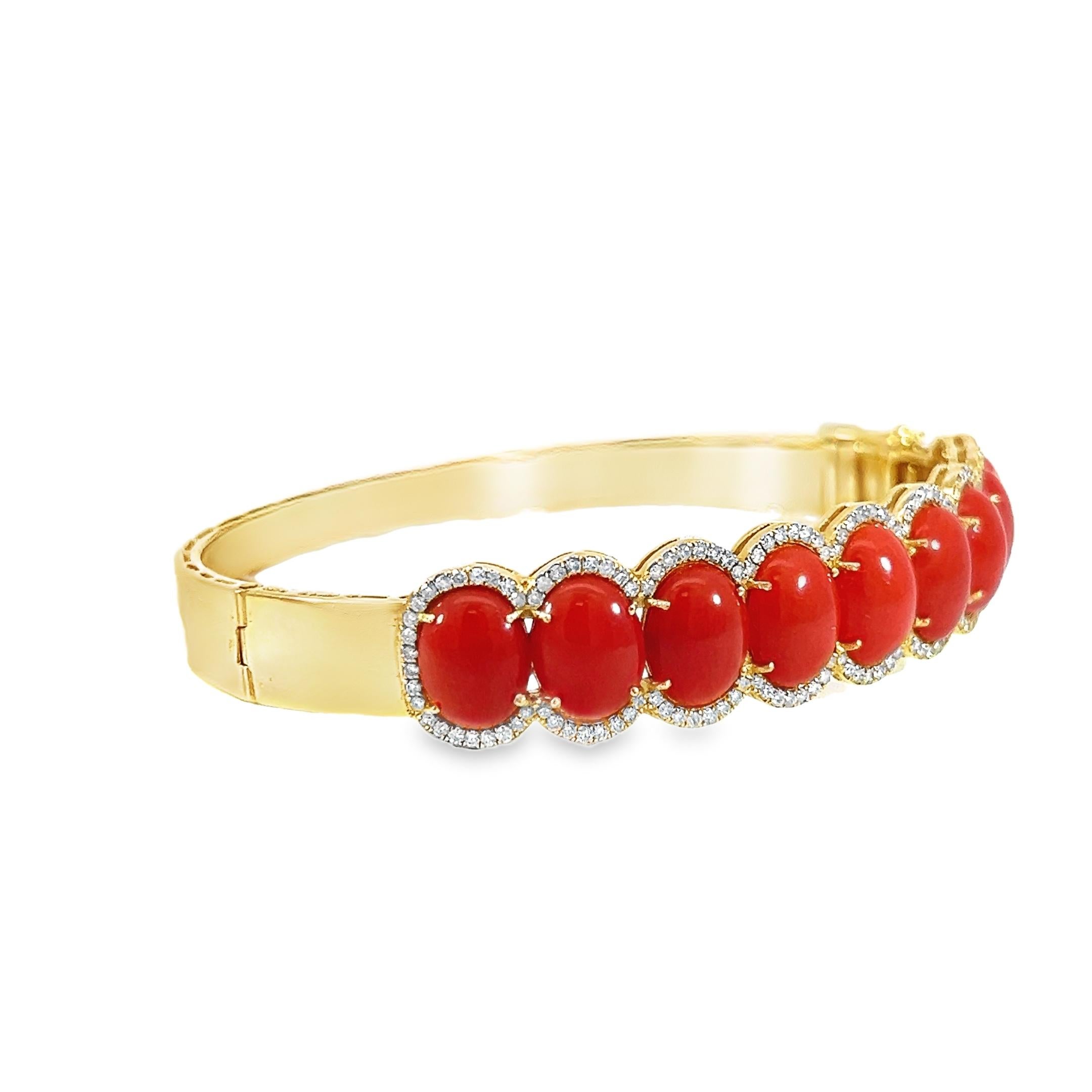 Mixed Cut Stunning Classic Natural Coral and Diamond Bangle For Sale