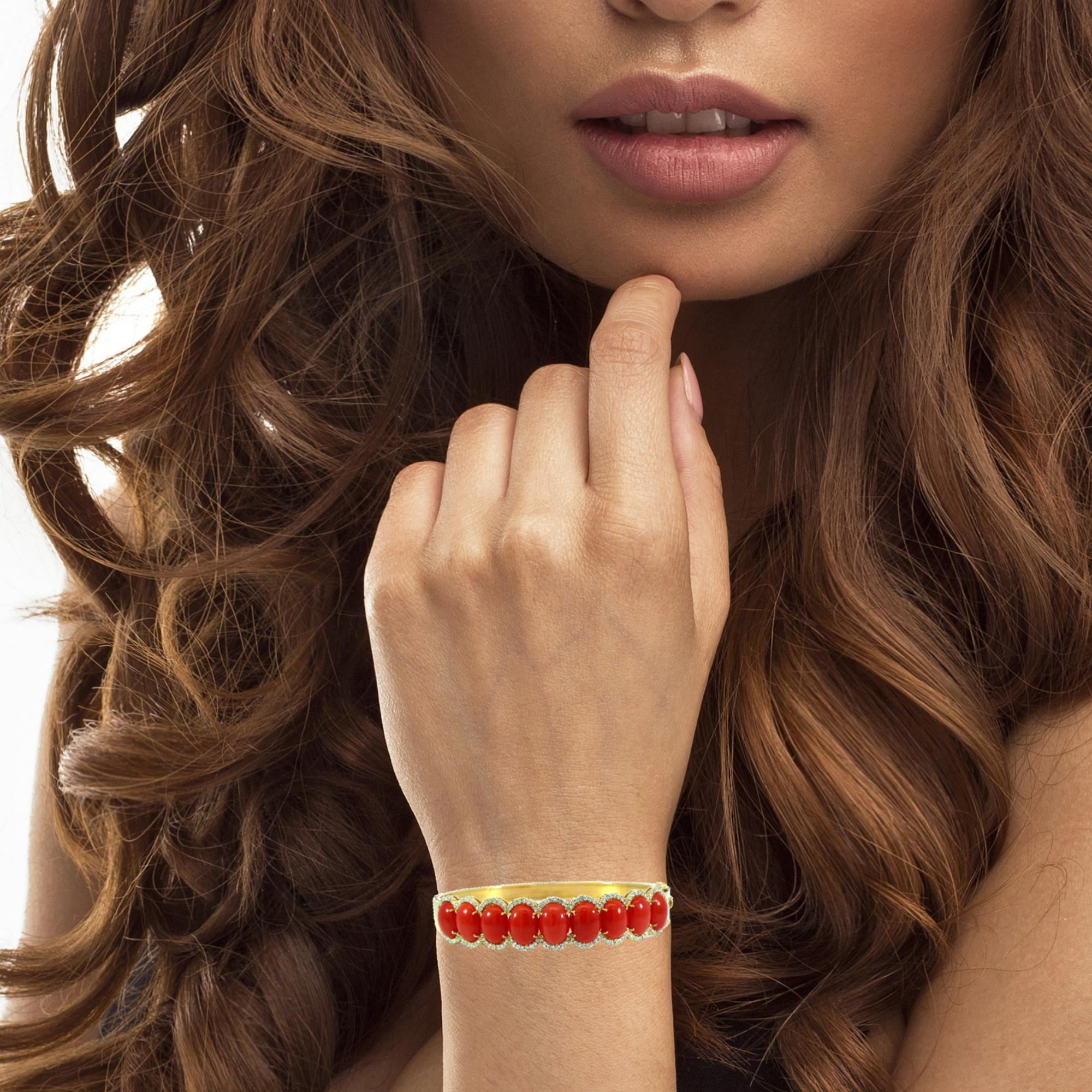 Women's Stunning Classic Natural Coral and Diamond Bangle For Sale