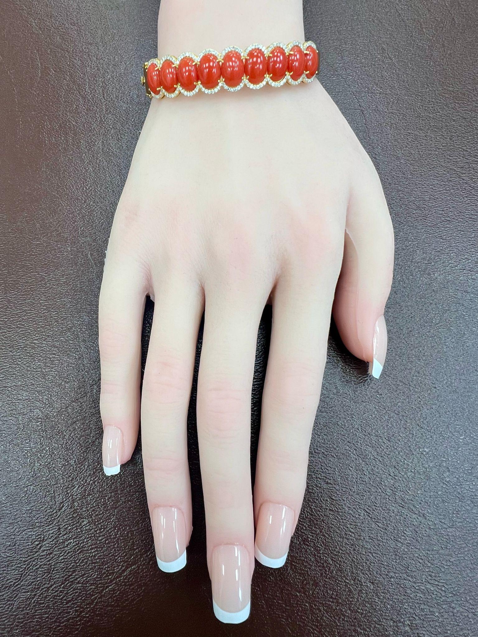 Stunning Classic Natural Coral and Diamond Bangle For Sale 2