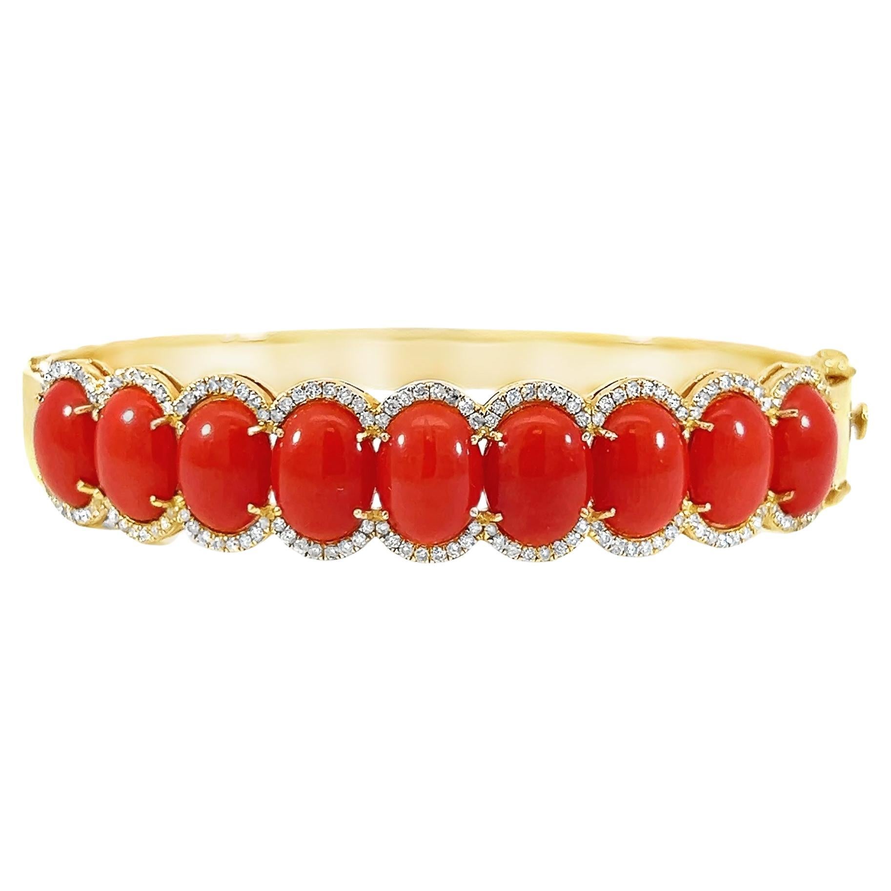 Stunning Classic Natural Coral and Diamond Bangle For Sale