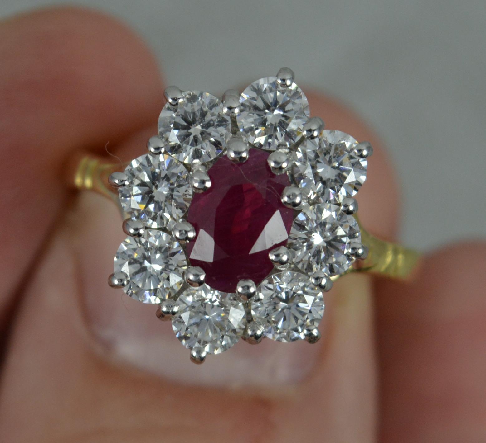 Contemporary Stunning Classic Ruby and Vs 1.6ct Diamond 18ct Gold Cluster Ring