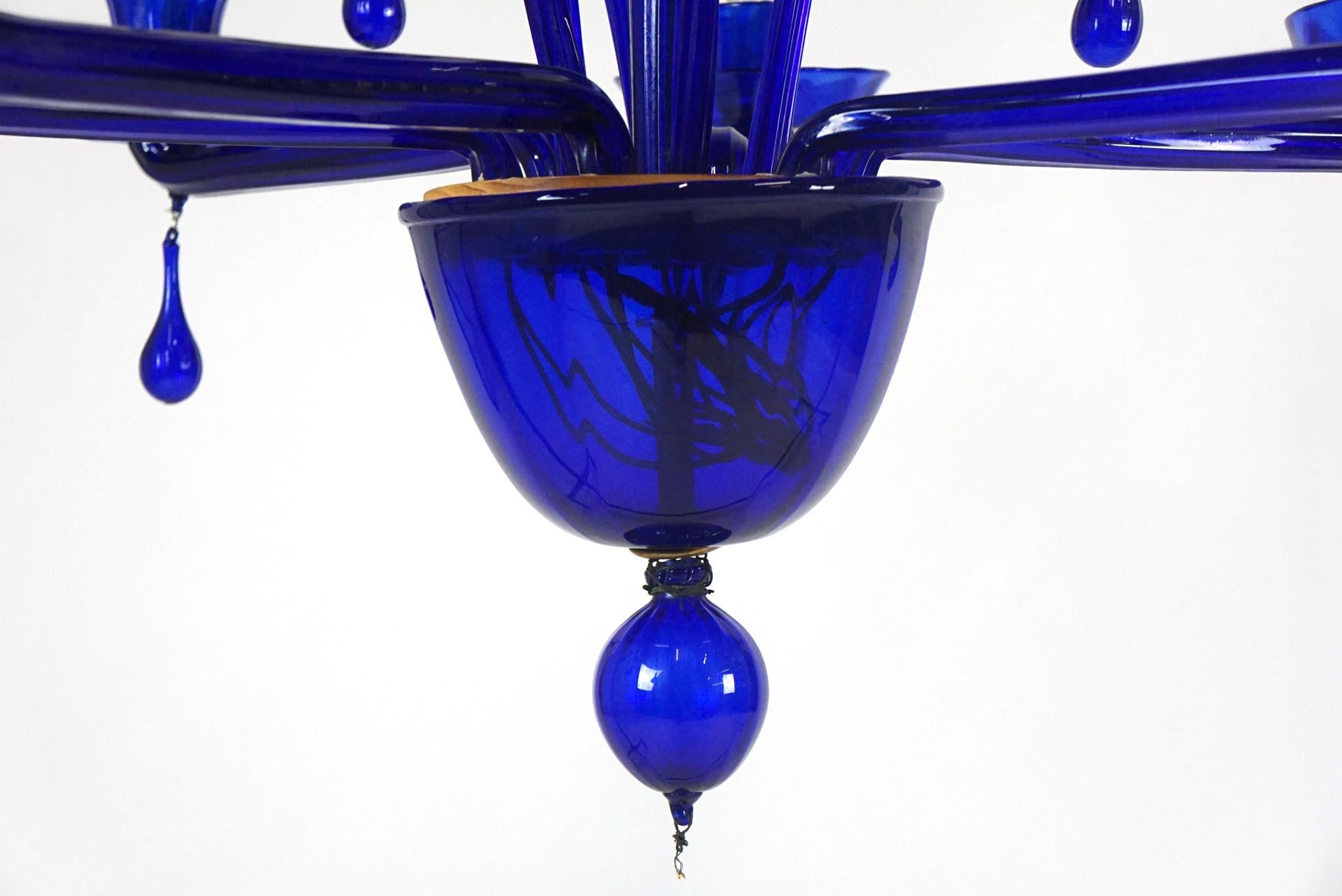 20th Century Stunning Cobalt Blue 1960s Murano Glass Chandelier Midcentury Venetian