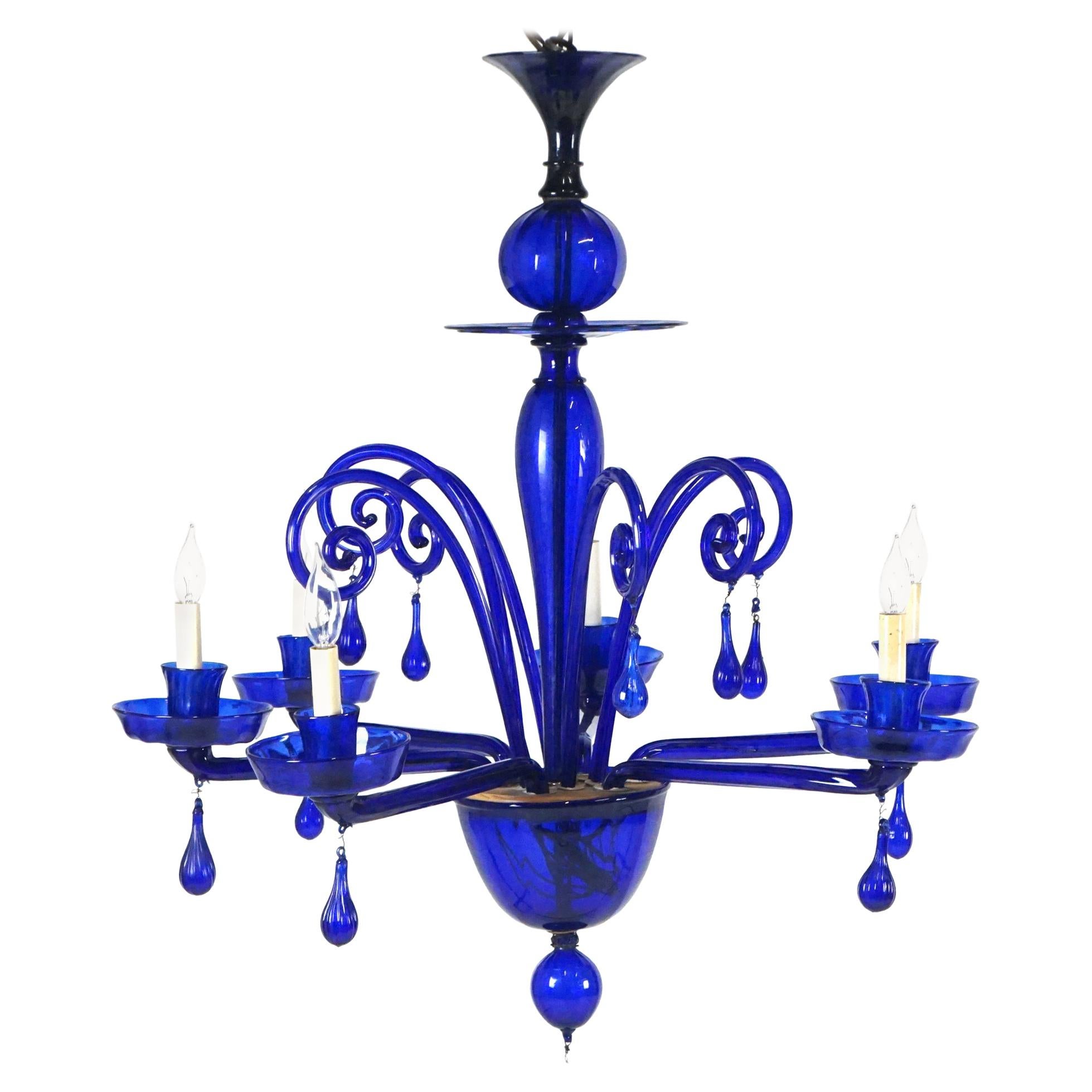 Stunning Cobalt Blue 1960s Murano Glass Chandelier Midcentury Venetian