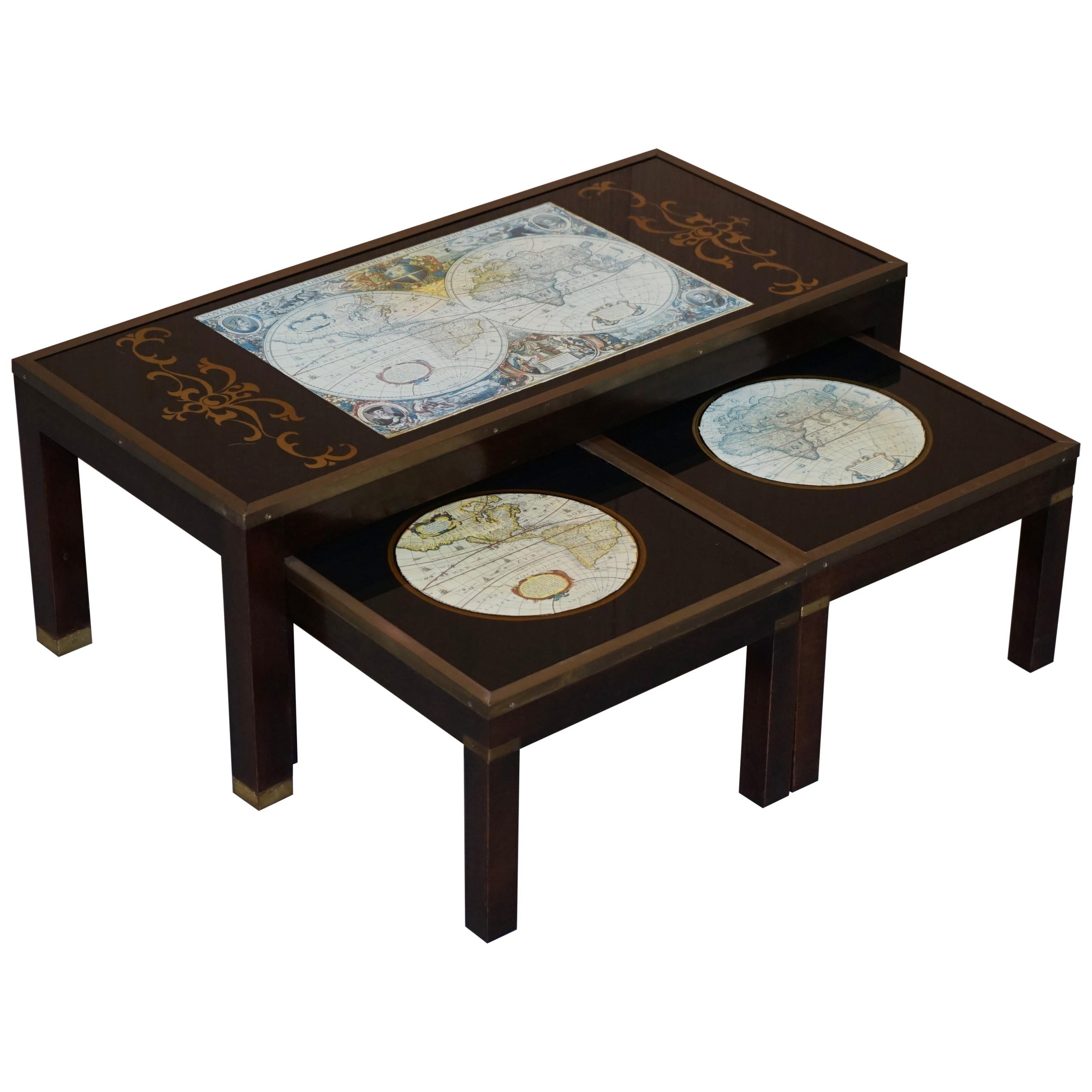 Stunning Coffee and Side Table Nest of Tables Military Campaign with World Maps