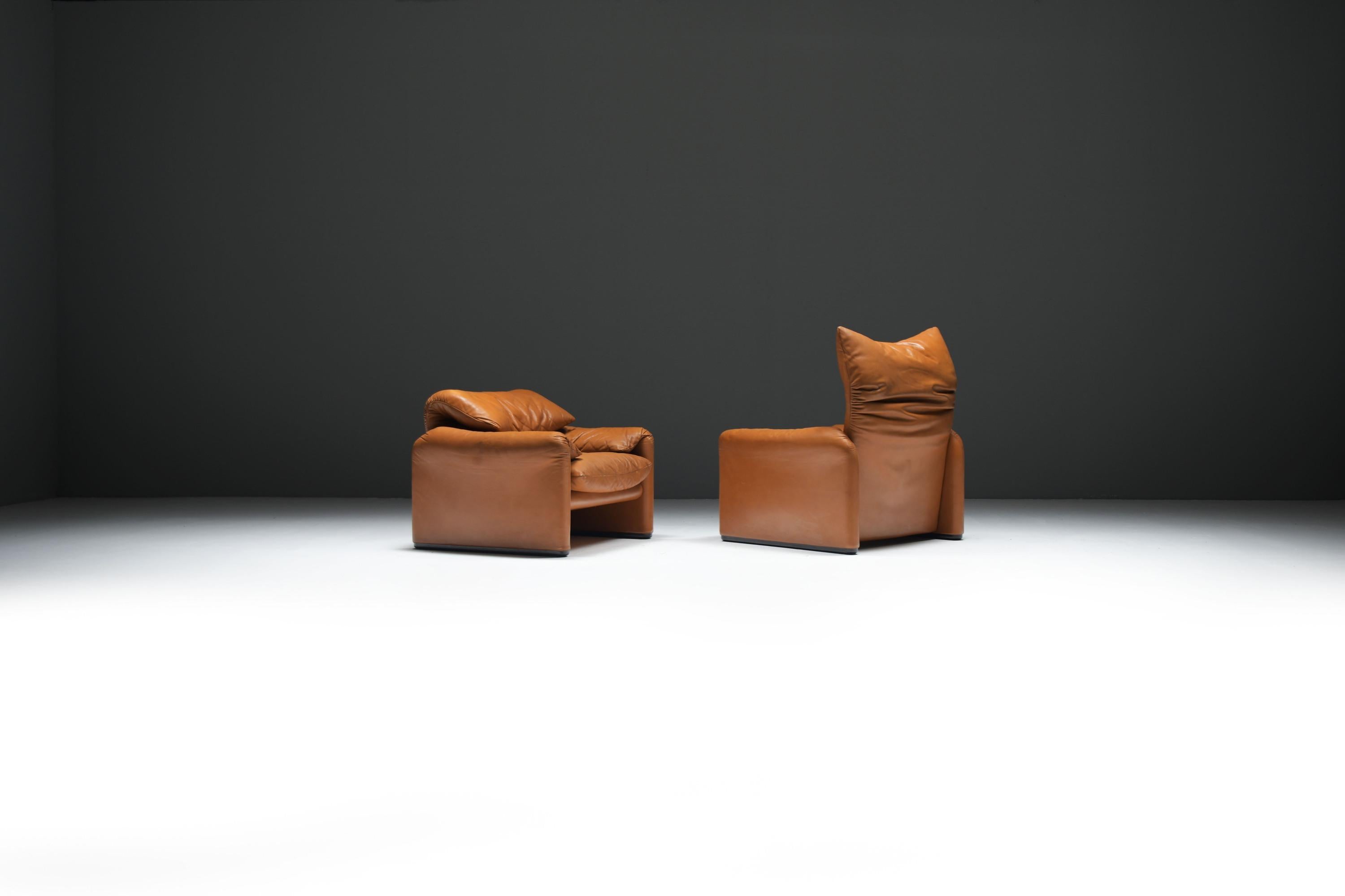 Atemberaubende Maralunga Lounge Sessel aus cognacfarbenem Leder von Vico Magistretti für Cassina (Italienisch) im Angebot