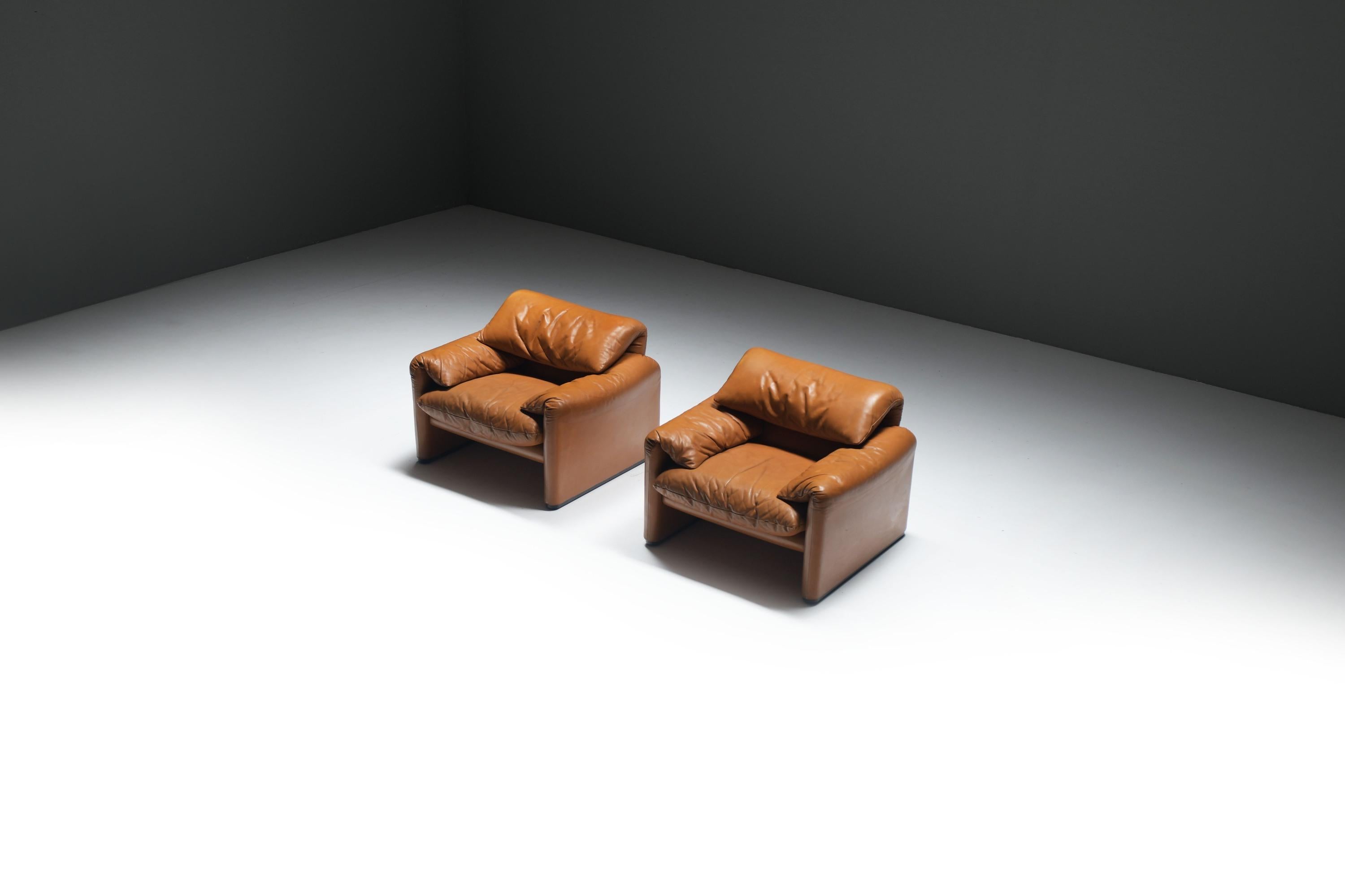 Atemberaubende Maralunga Lounge Sessel aus cognacfarbenem Leder von Vico Magistretti für Cassina im Zustand „Gut“ im Angebot in Buggenhout, Oost-Vlaanderen